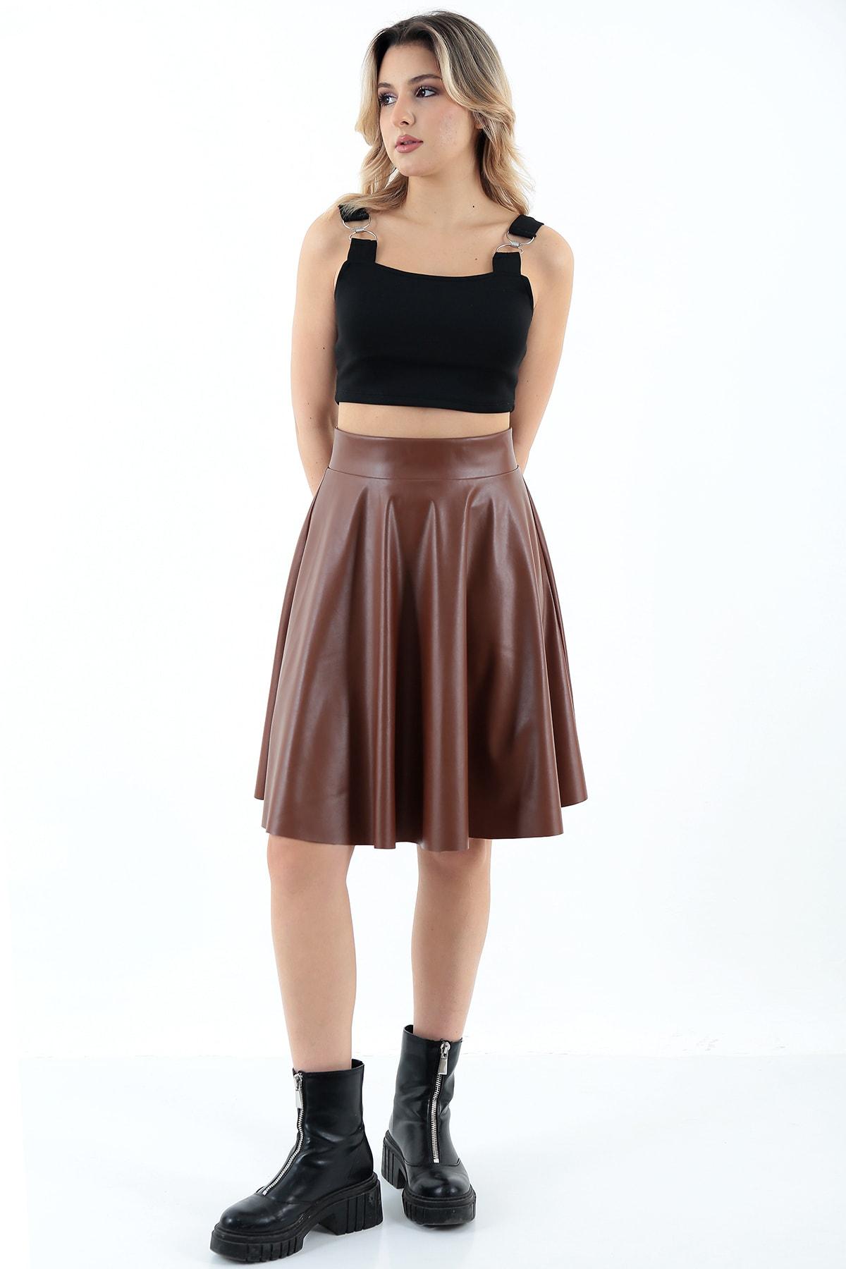 Kadın Taba Kloş Suni Deri Etek Faux Leather