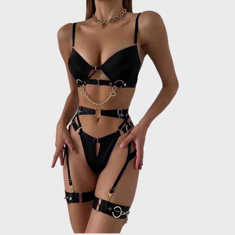 black underwired bra 4-piece lingerie set with gold chain detail O-ring hardware waist belt and leg garters