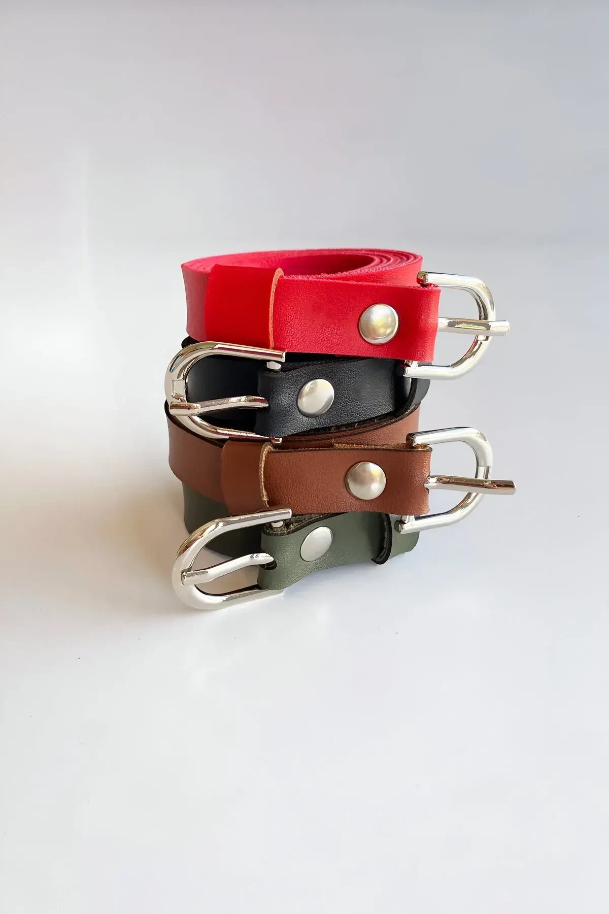 4'lü Kemer Takım, Siyah - Kırmızı - Haki ve Taba Kemer (Silver Aksesuar)