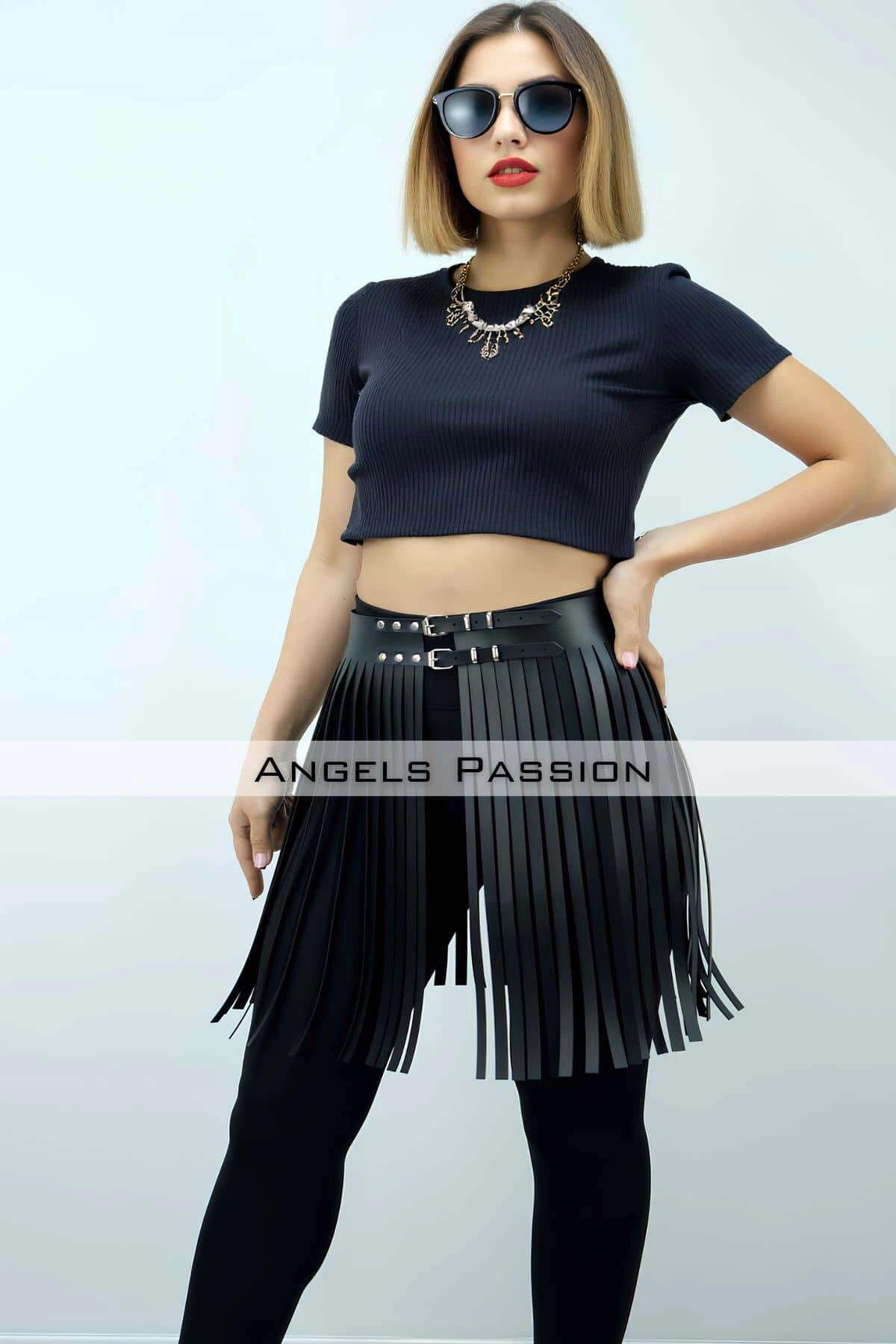 47 cm Şık Püsküllü Deri Etek, Şort Üzeri Püsküllü Etek, Püsküllü Şık Mini Etek - APFT1401