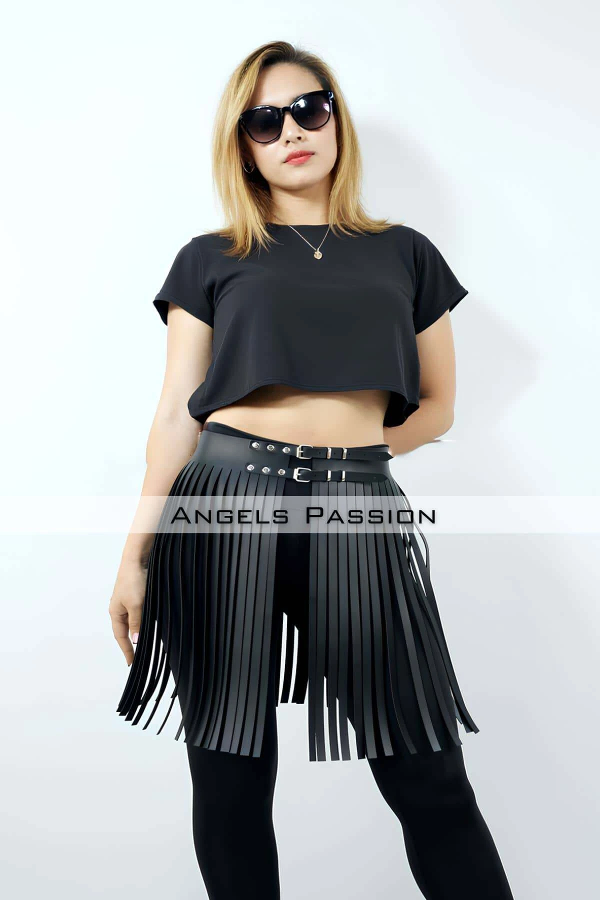 47 cm Şık Püsküllü Deri Etek, Şort Üzeri Püsküllü Etek, Püsküllü Şık Mini Etek - APFT1401