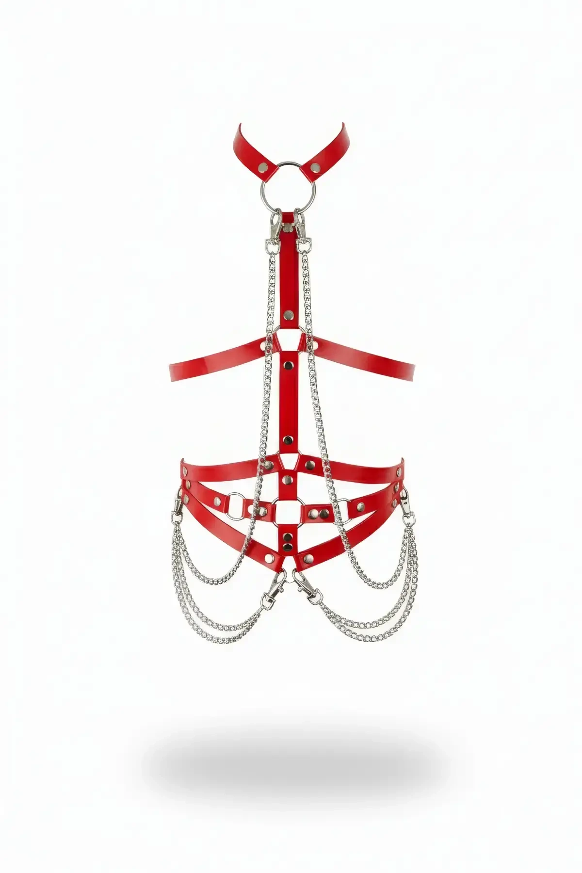 Kırmızı Kadın Kemer Zincir Detaylı Parlak Deri Vücut Kemer - APFT10