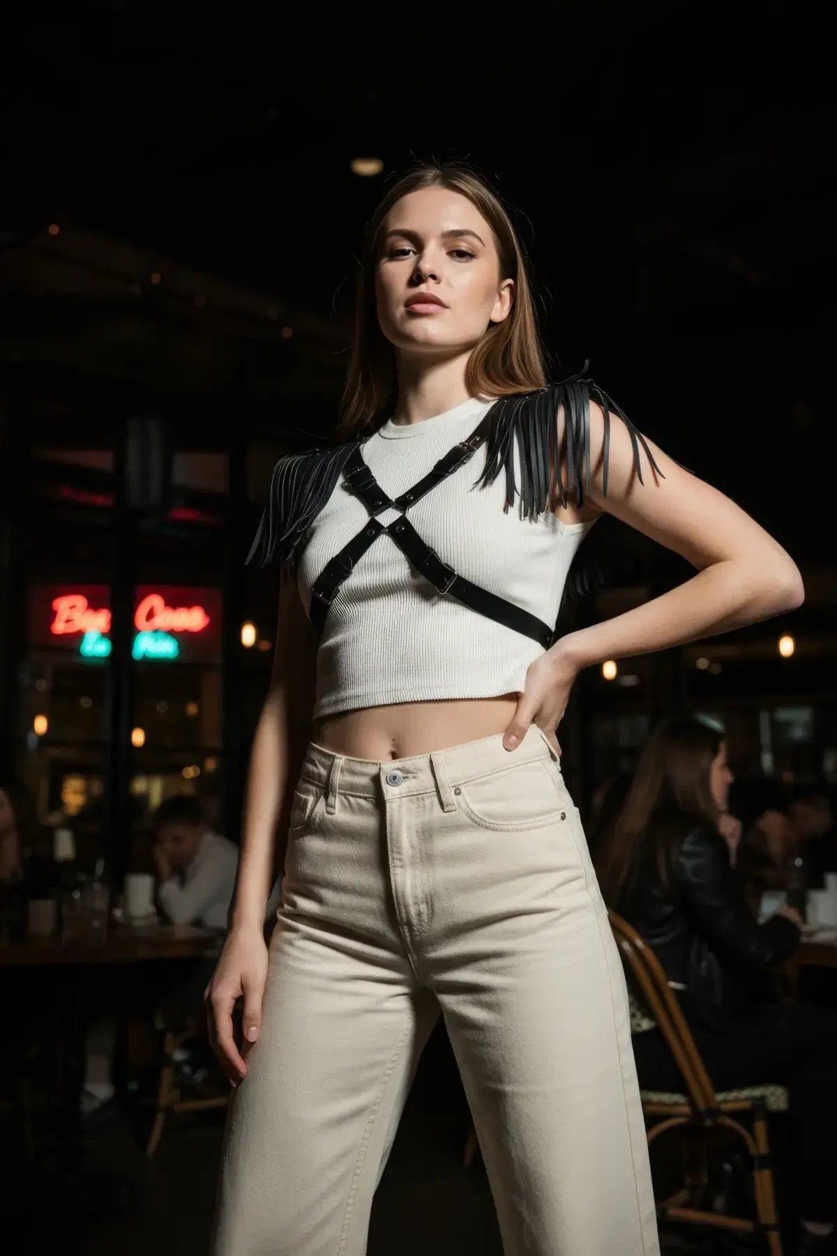 Siyah Kadın Kemer Püskül Detaylı Deri Vücut Aksesuarı - APFT1240