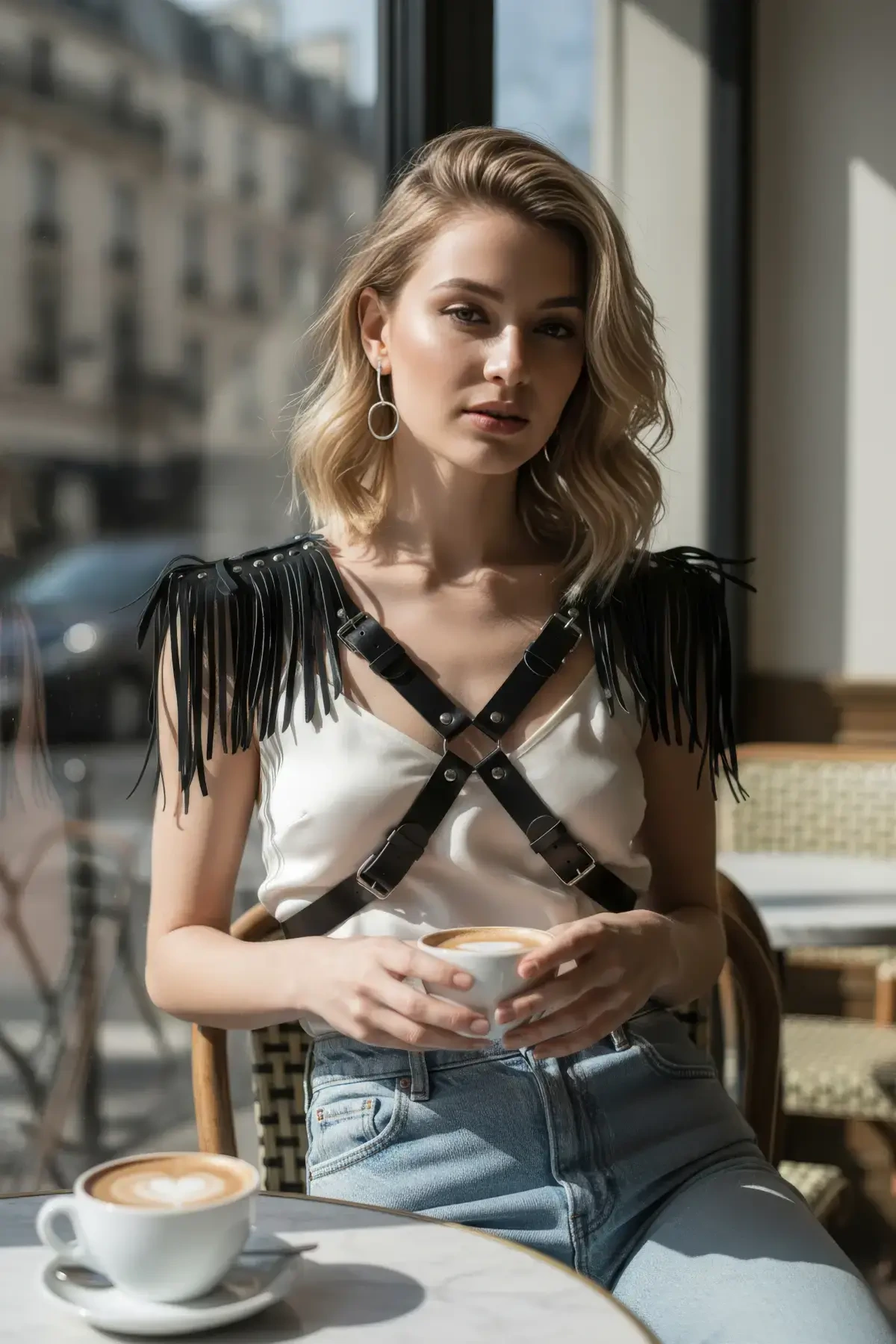 Siyah Kadın Kemer Püskül Detaylı Deri Vücut Aksesuarı - APFT1240