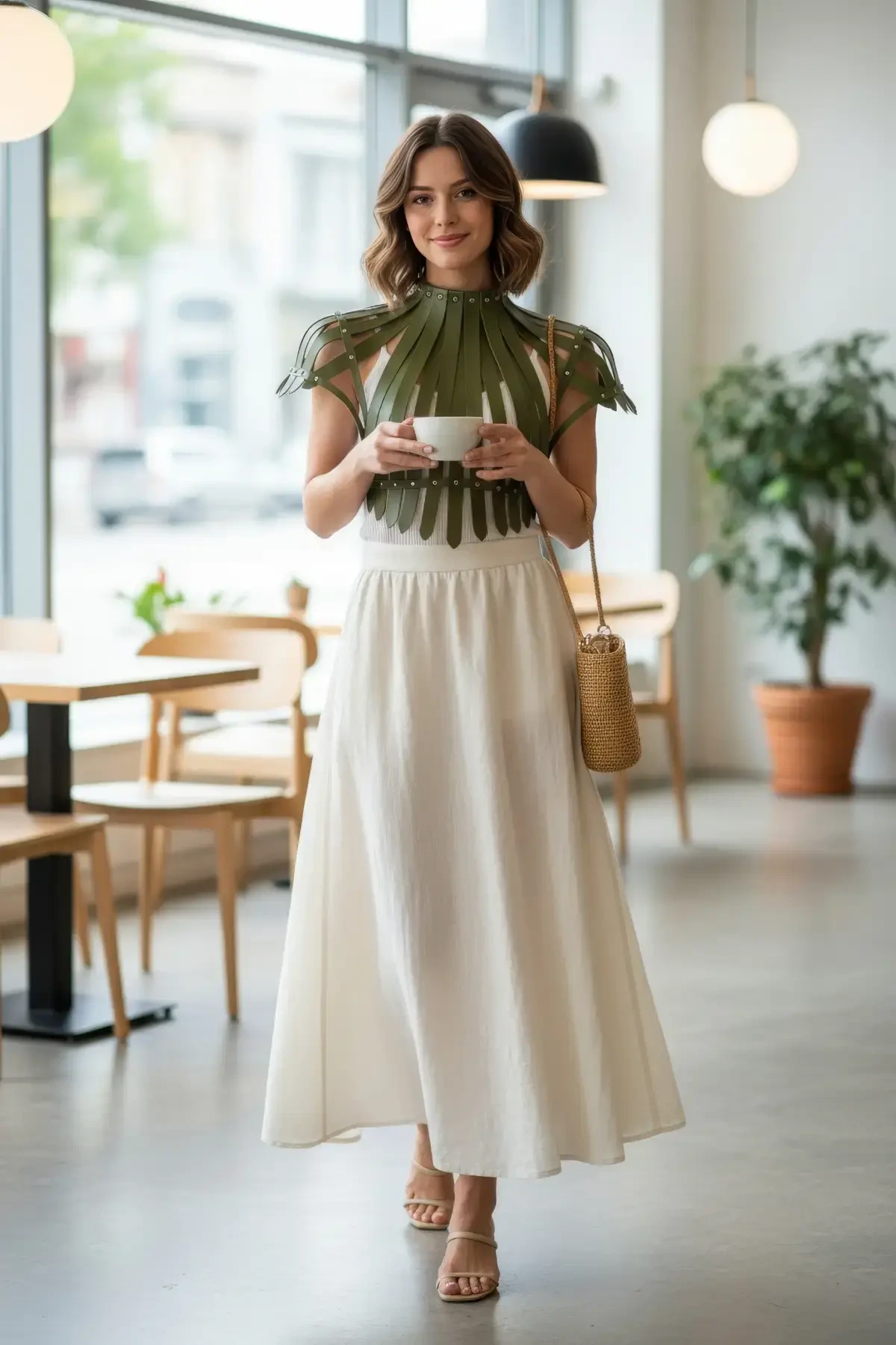 Haki Kadın Kemer Zımba Detaylı Deri Korse - APFT1257