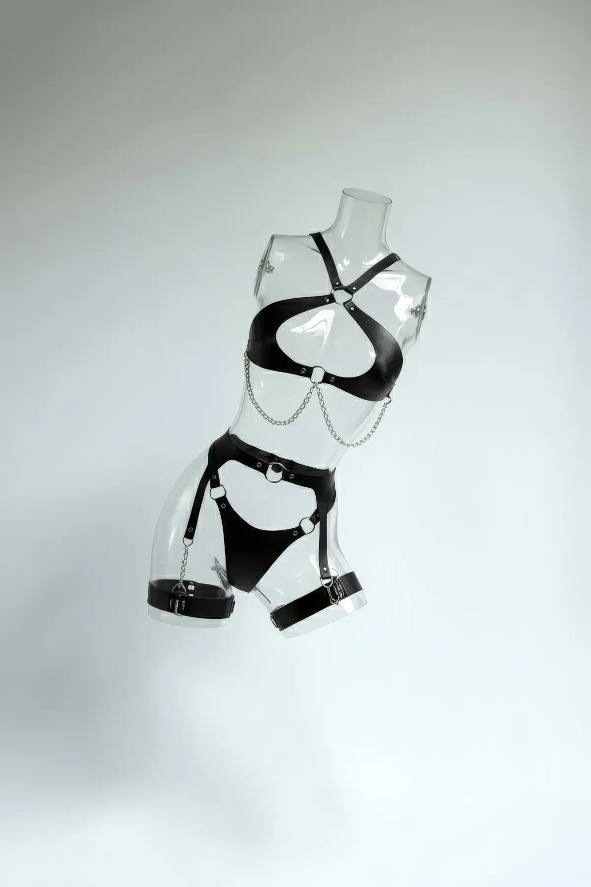 Siyah Harness Takım Zincir Detaylı Jartiyerli Suni Deri - APFT1330 - 1