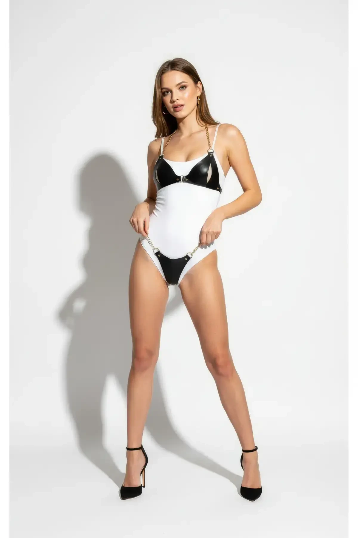 Siyah Kadın Kemer Suni Deri Zincir Detaylı Vücut Kemer - APFT1424