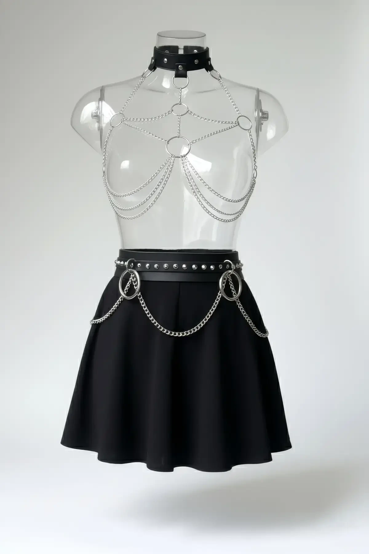 Siyah Kadın Kemer Zımbalı Zincir Detaylı Bel Aksesuarı - APFT413