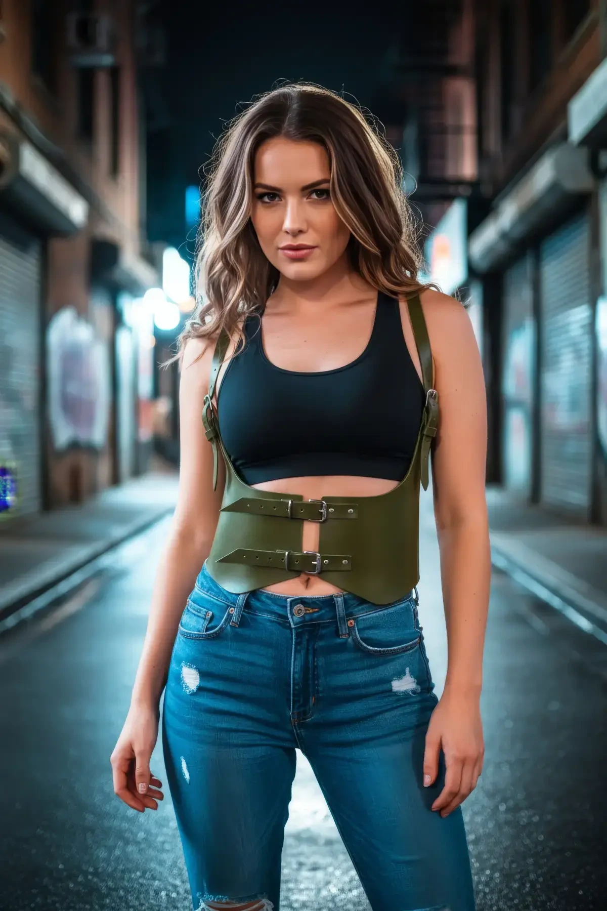 Haki Kadın Kemer Korse Kesimli Omuz Detaylı Suni Deri - APFT612