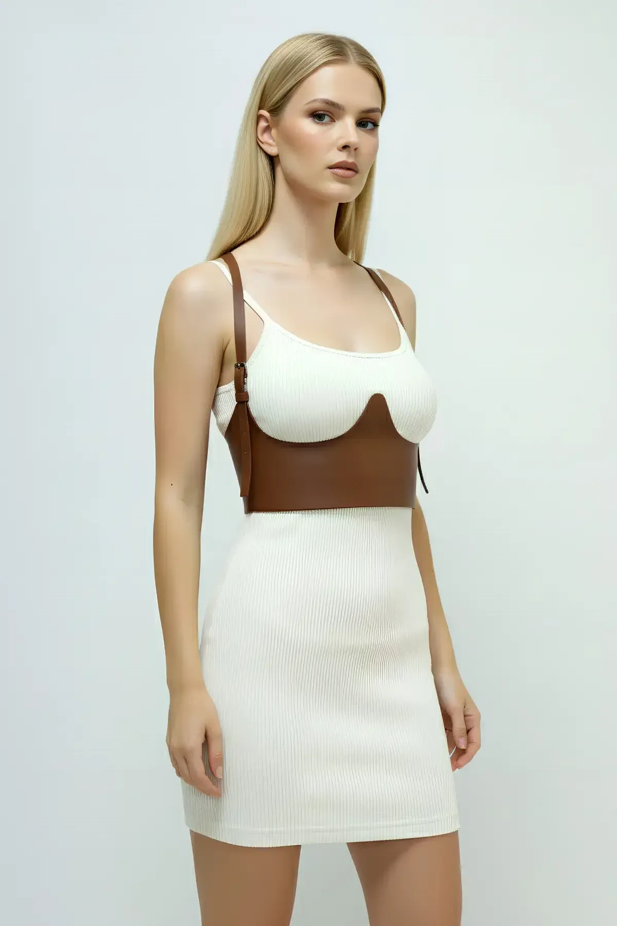 Taba Kadın Kemer Korse Kesimli Omuz Detaylı Suni Deri - APFT614