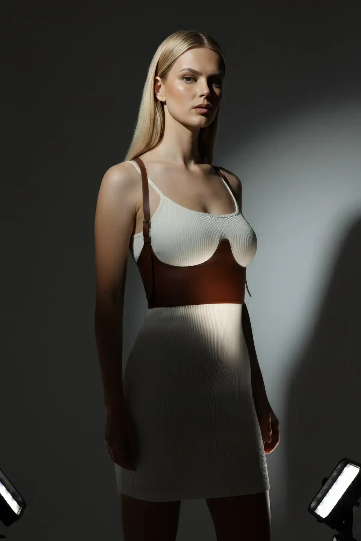 Taba Kadın Kemer Korse Kesimli Omuz Detaylı Suni Deri - APFT614