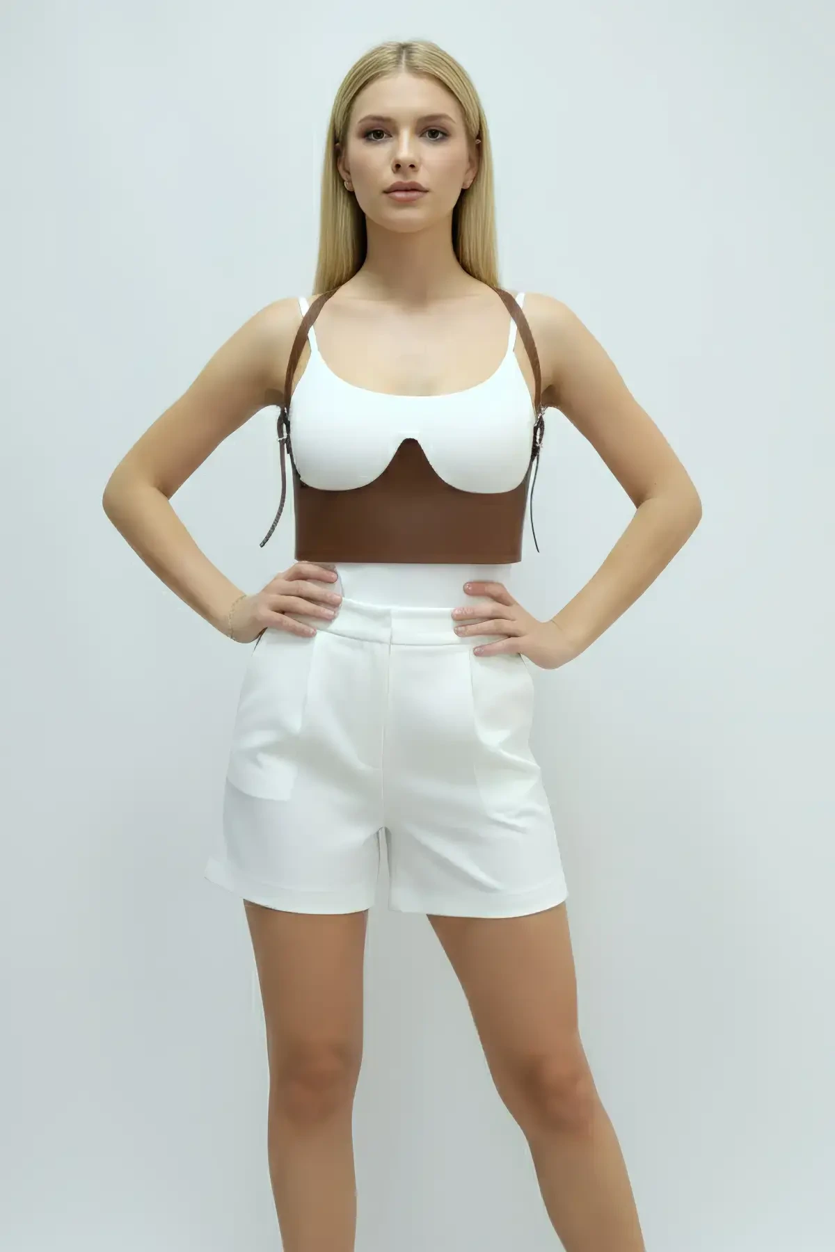 Taba Kadın Kemer Korse Kesimli Omuz Detaylı Suni Deri - APFT614