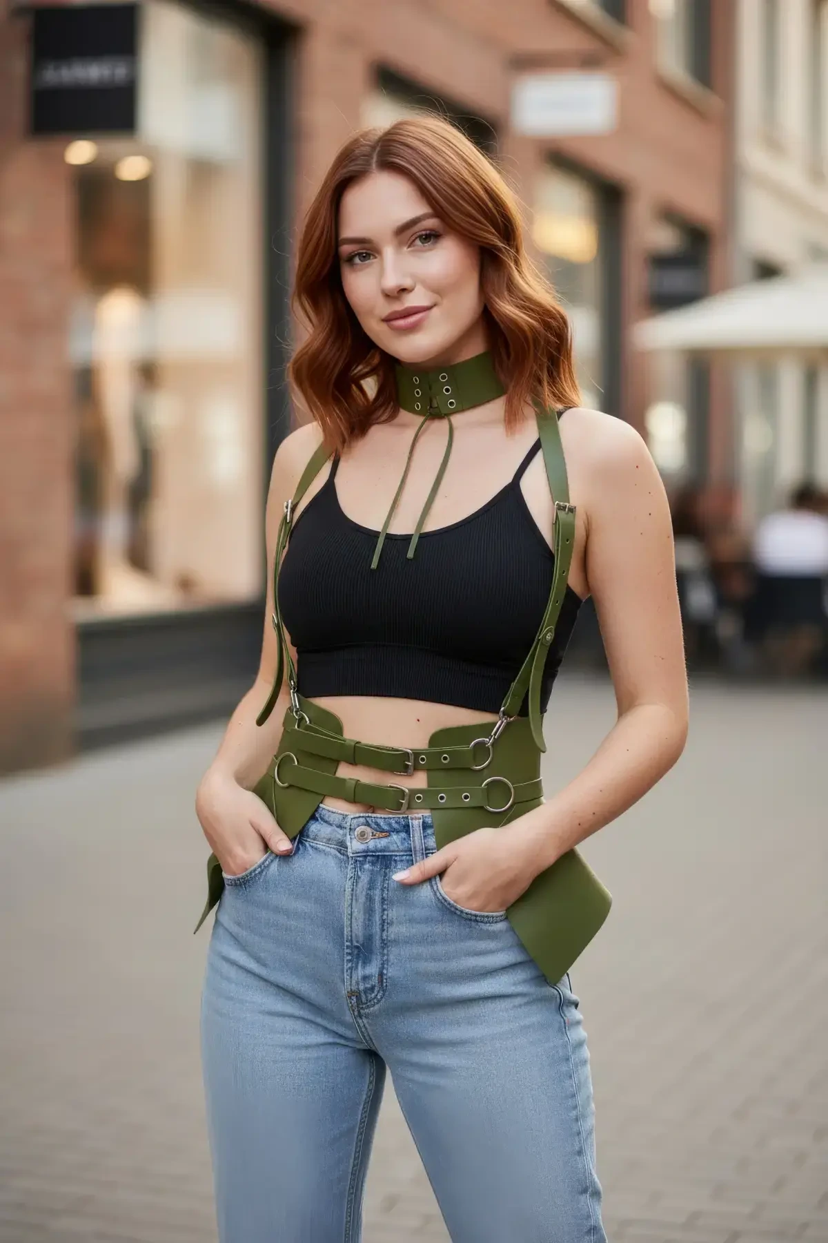 Haki Kadın Kemer Deri Korse Tipi Omuz Detaylı - APFT622