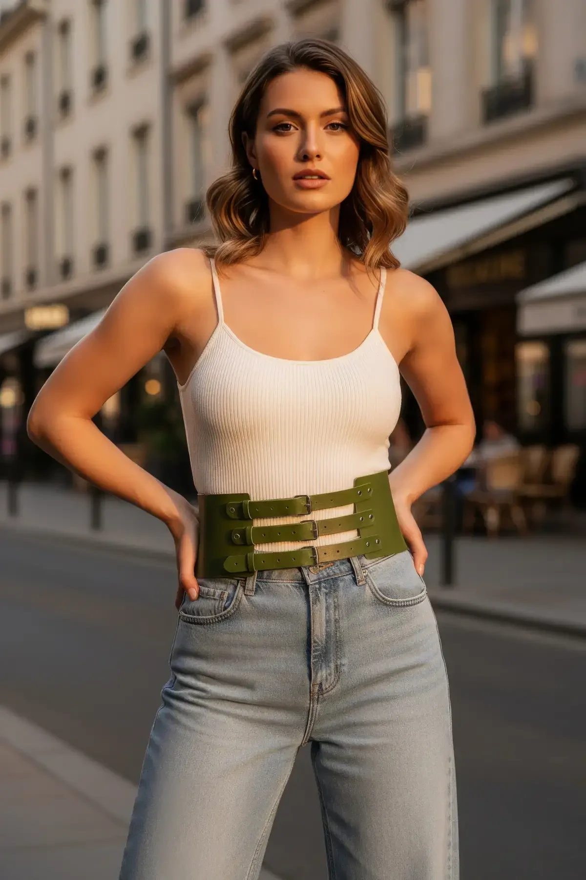 Haki Kadın Kemer Üç Tokalı Geniş Korse Kemer - APFT624