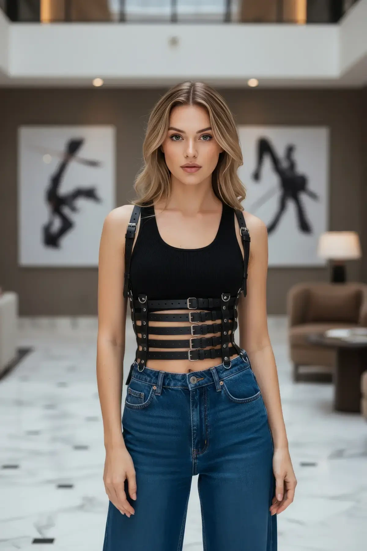 Siyah Kadın Kemer Deri Çok Tokalı Vücut Aksesuarı - APFT630