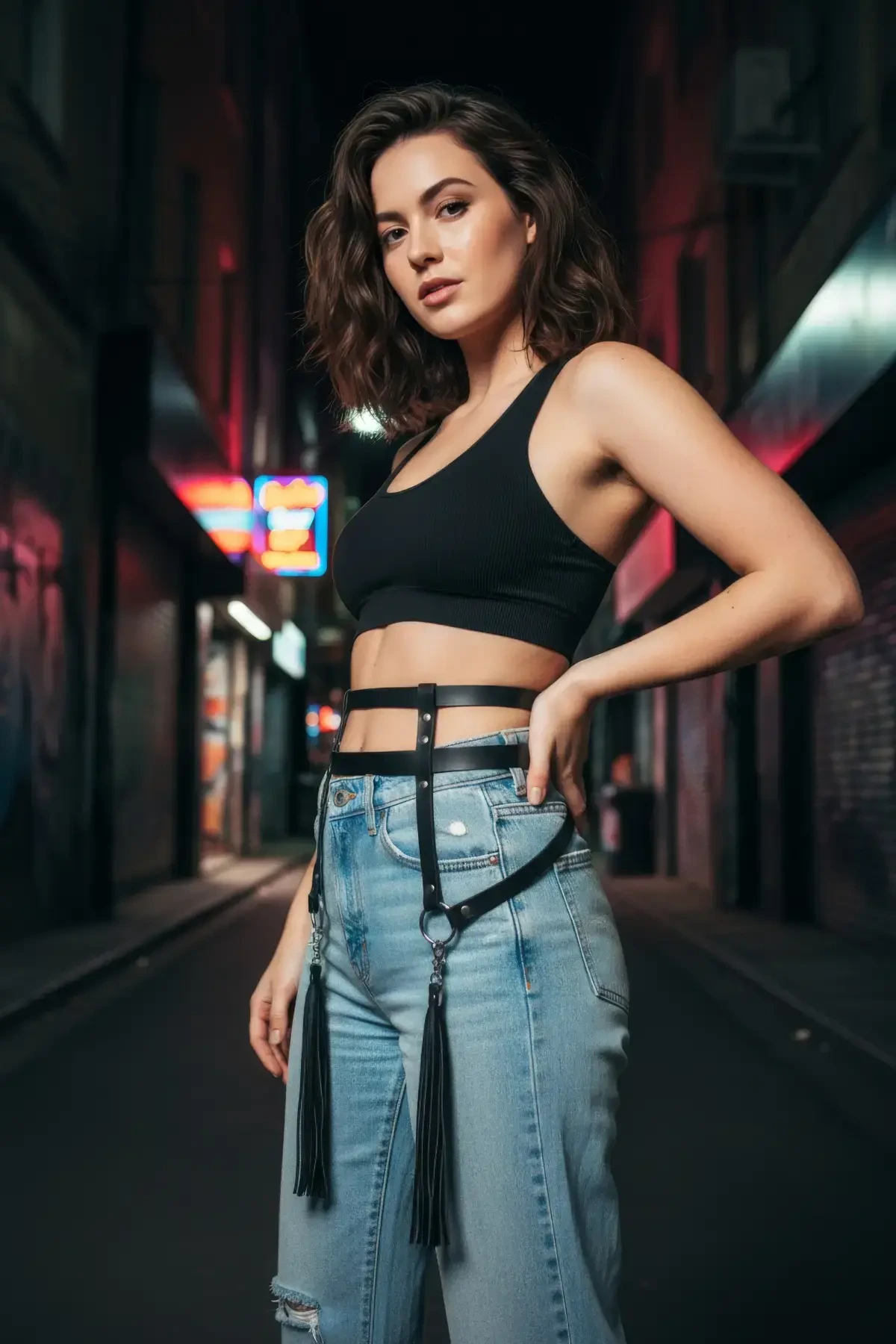 Siyah Kadın Kemer Çift Bantlı Püskül Detaylı - APFT645