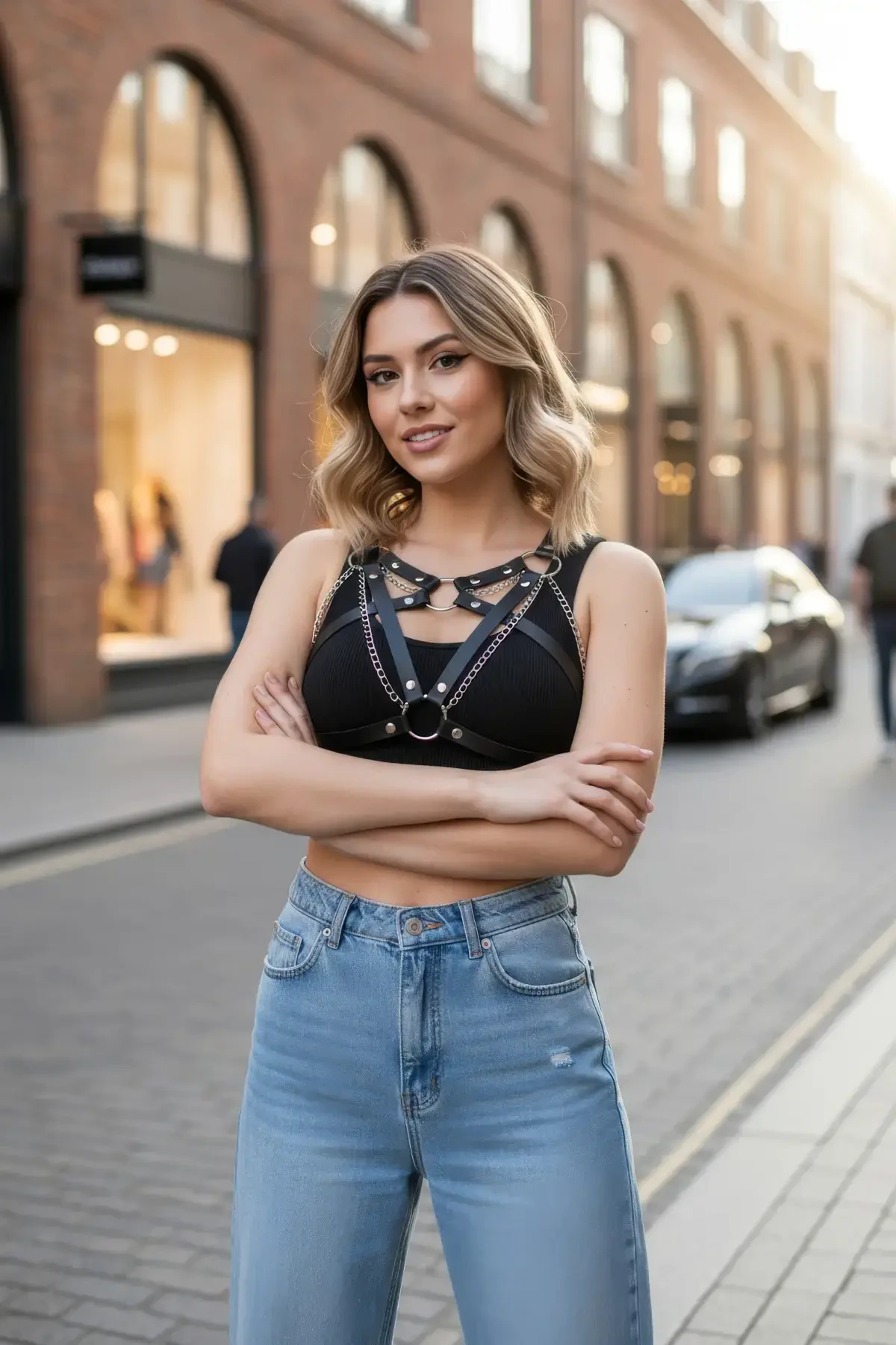 Siyah Kadın Kemer Deri Zincir Detaylı Vücut Aksesuarı - APFT741