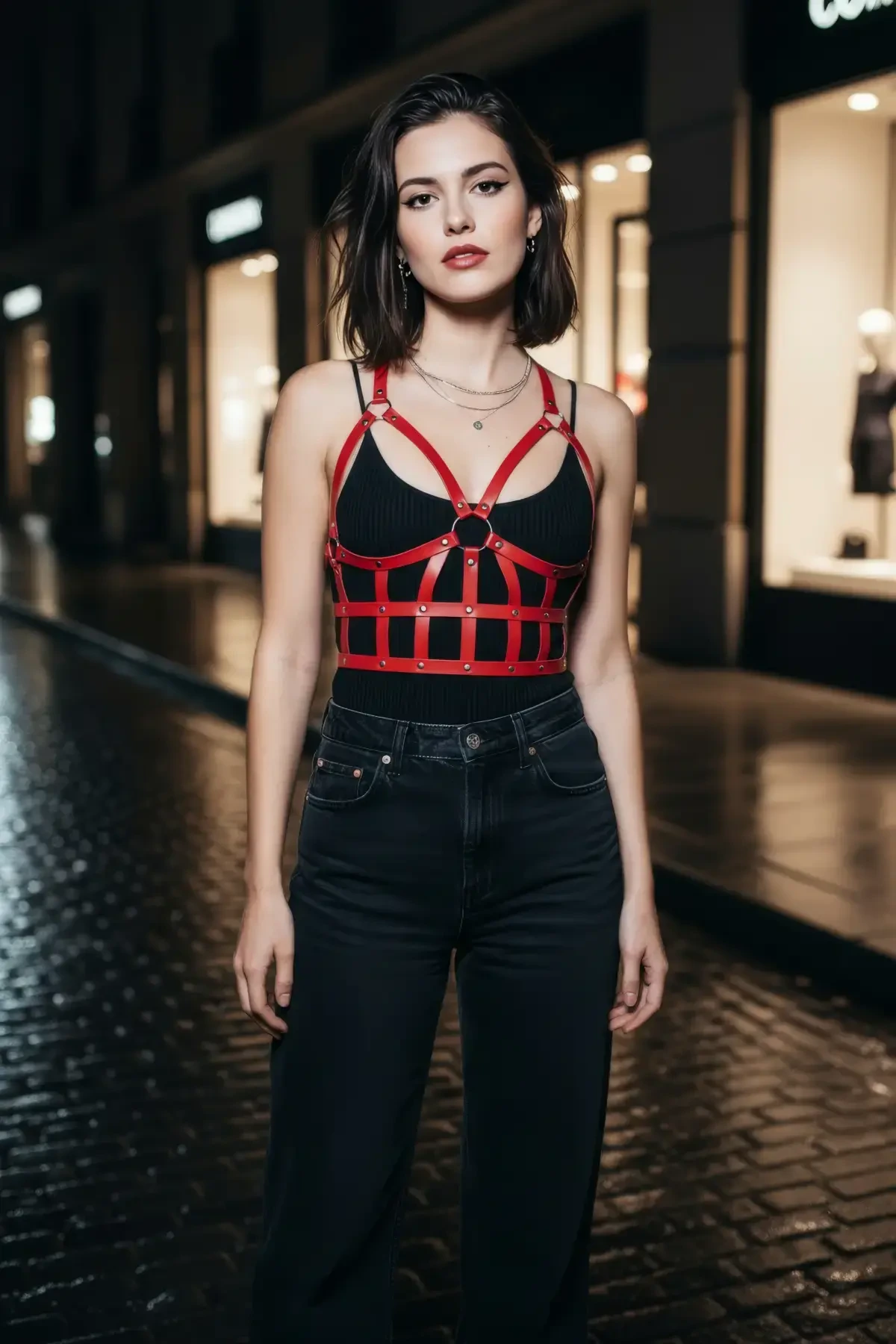 Kırmızı Kadın Kemer Deri Kafes Detaylı Vücut Aksesuarı - APFT819