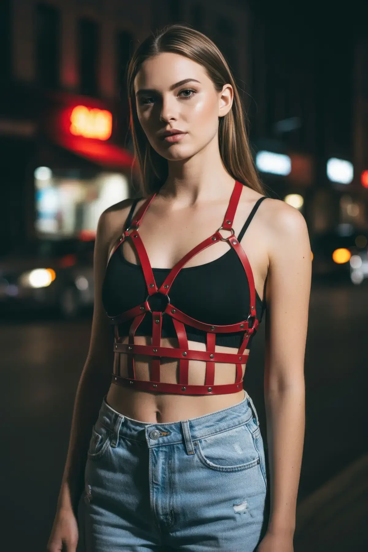 Kırmızı Kadın Kemer Deri Kafes Detaylı Vücut Aksesuarı - APFT819