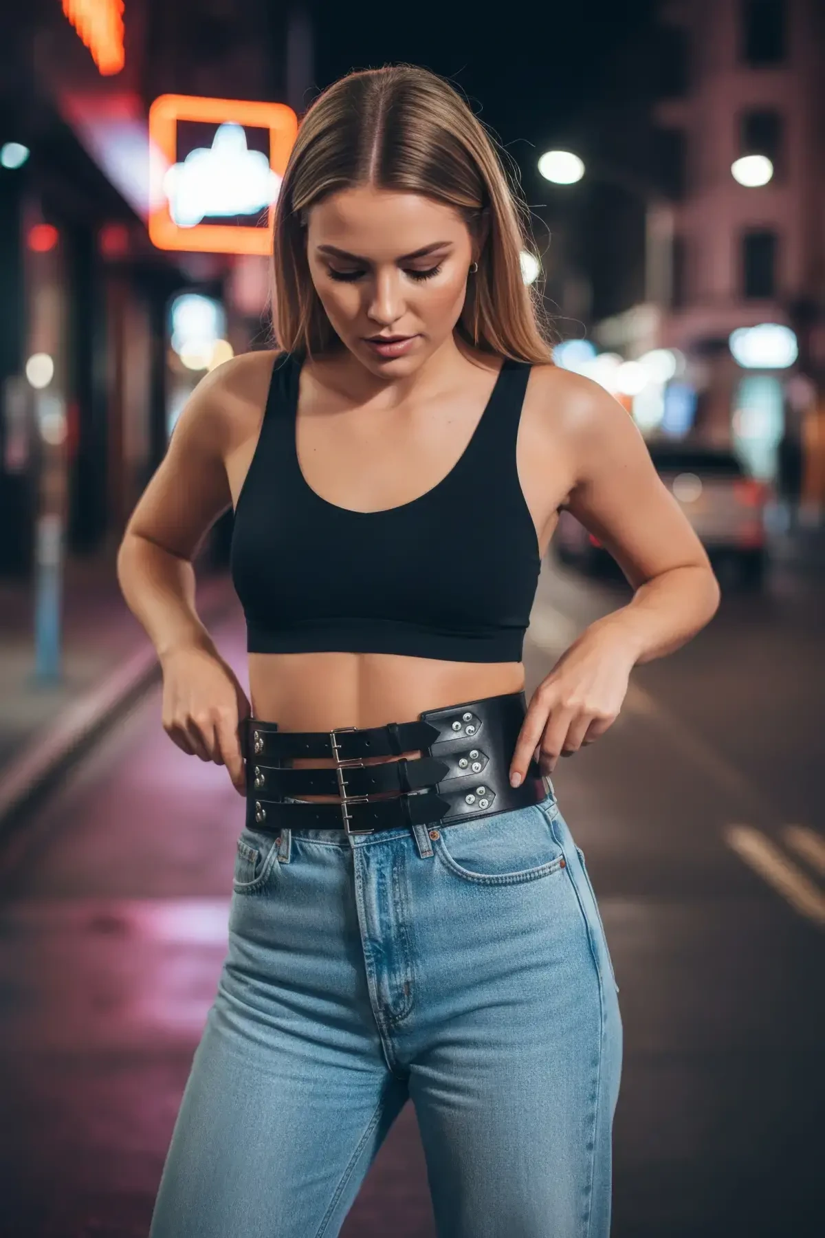 Siyah Kadın Kemer Kalın Korse Tipi Üç Tokalı Bel Aksesuarı - APFT827