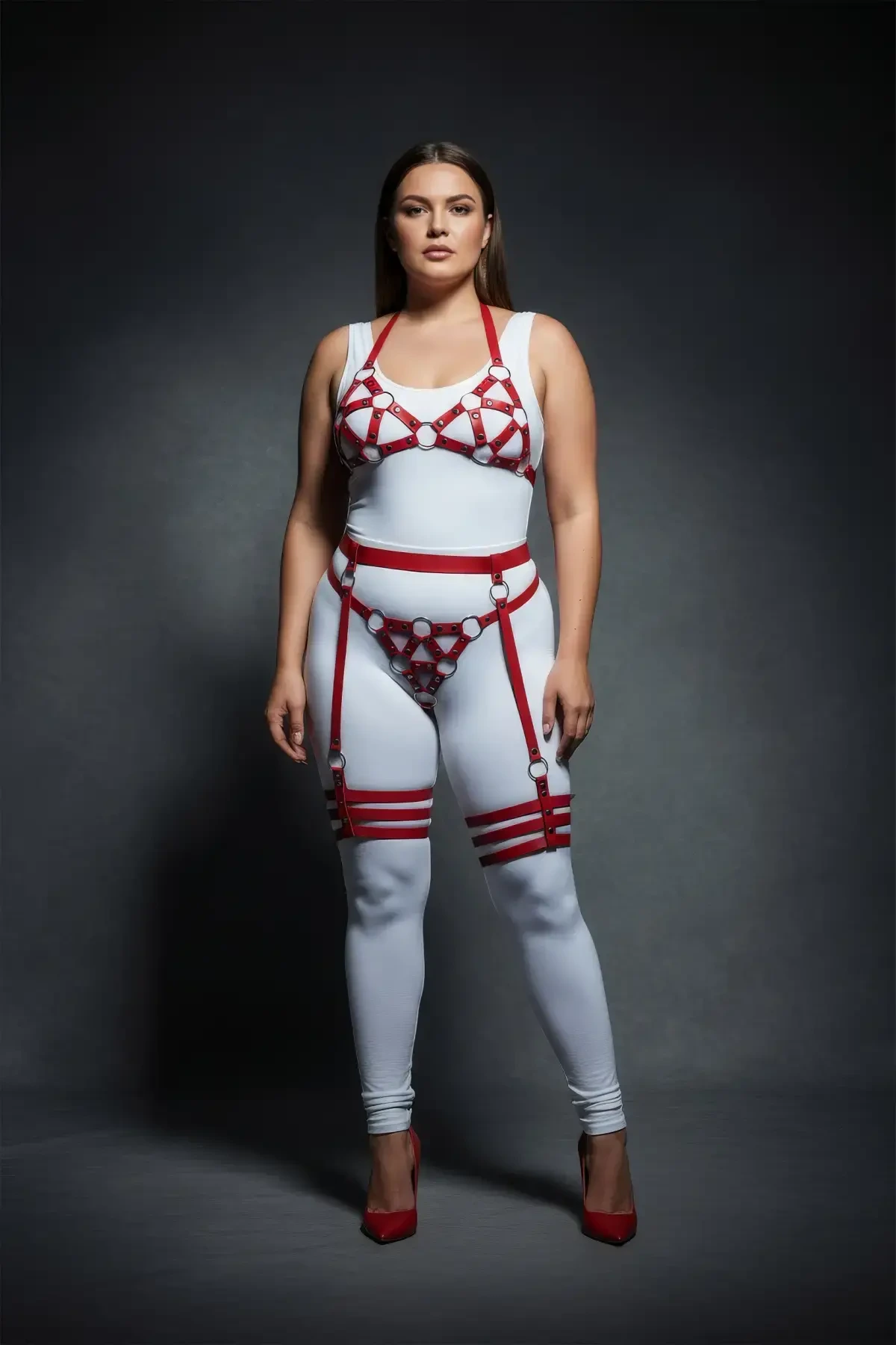 Büyük Beden Kırmızı Kadın Deri Harness Takım Halka Detaylı Jartiyerli Fantezi Aksesuar - APFT530 - 1