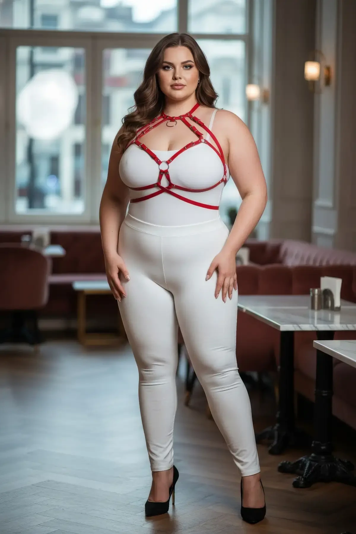 Büyük Beden Kırmızı Kadın Deri Harness Takım Halka Detaylı Göğüs Aksesuarı - APFT330 - 1