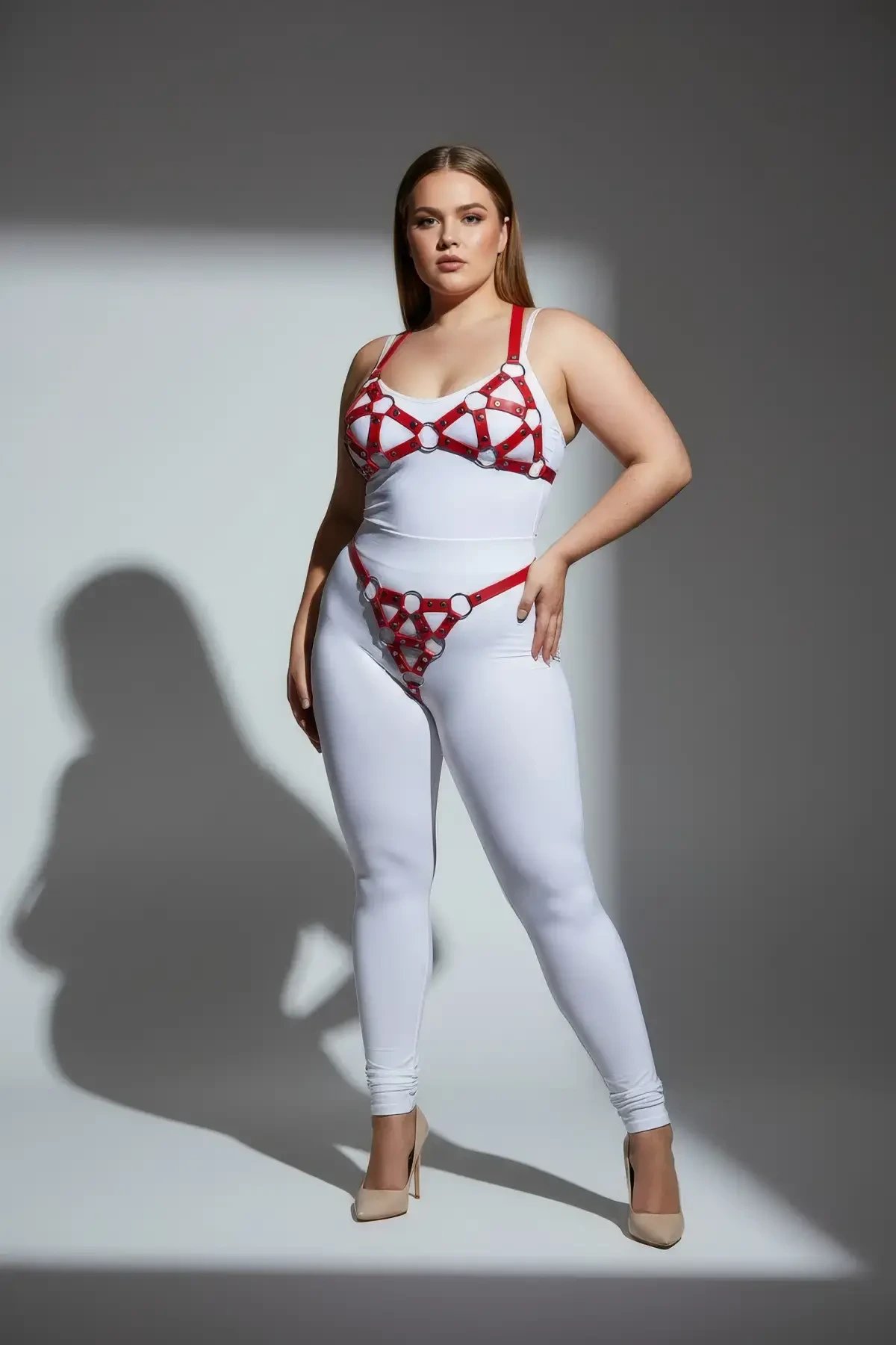 Büyük Beden Kırmızı Kadın Deri Harness Takım Seksi Halka Detaylı - APFT422 - 1