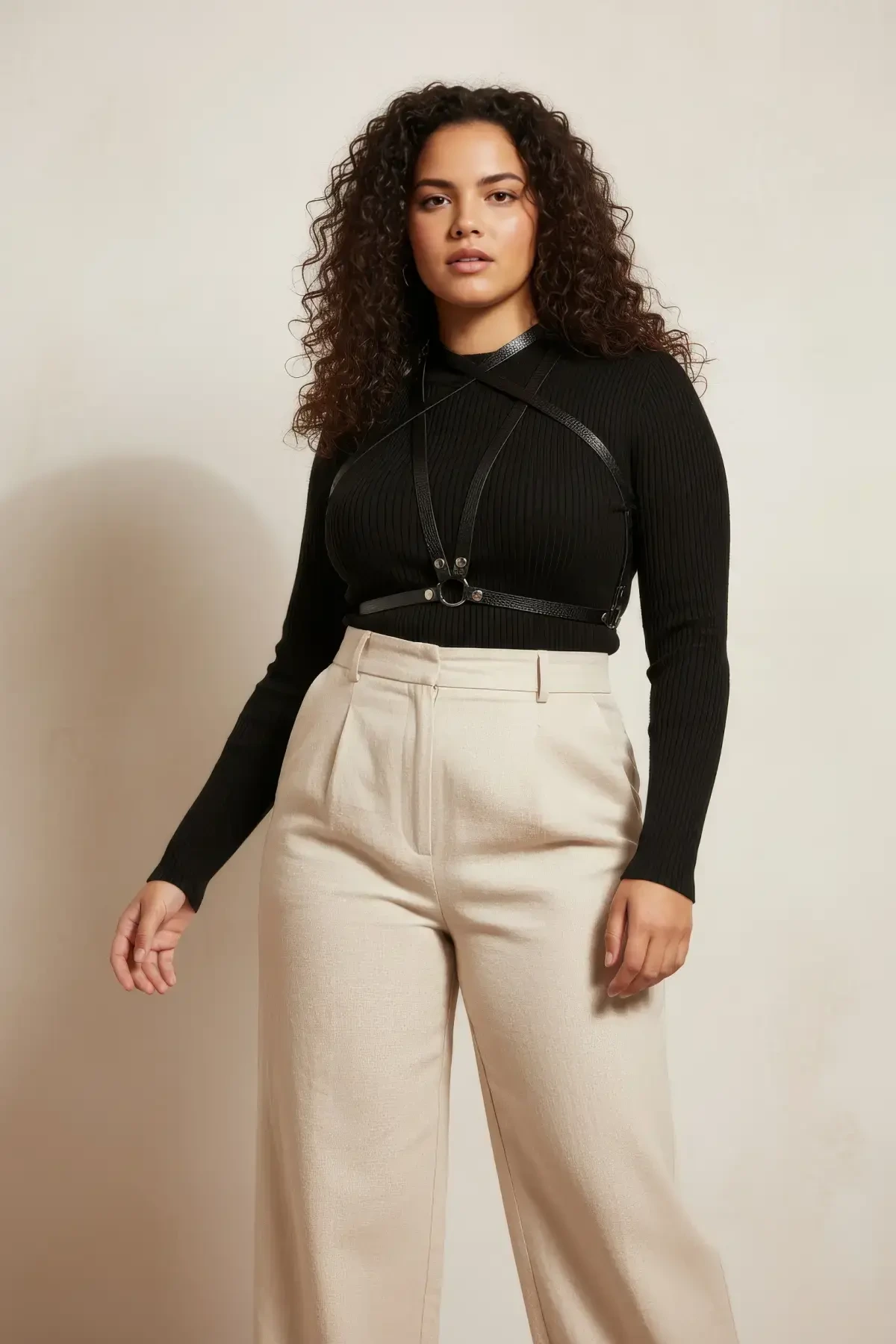 Büyük Beden Siyah Kadın Deri Harness Kemer, Elbise Üzeri Şık Vücut Aksesuarı - APFT15