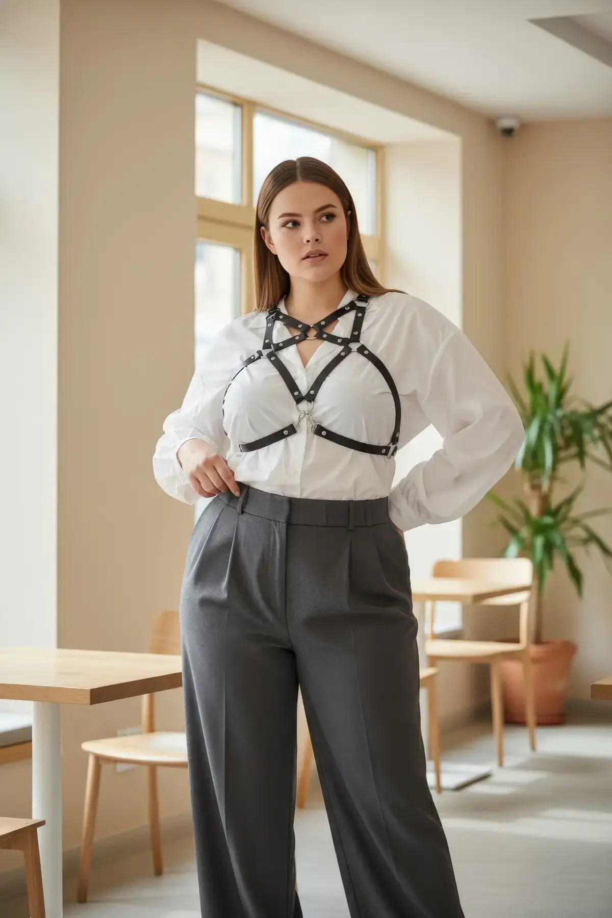 Büyük Beden Siyah Kadın Kemer Harness Stili Elbise Üstü Vücut Aksesuarı - APFT108