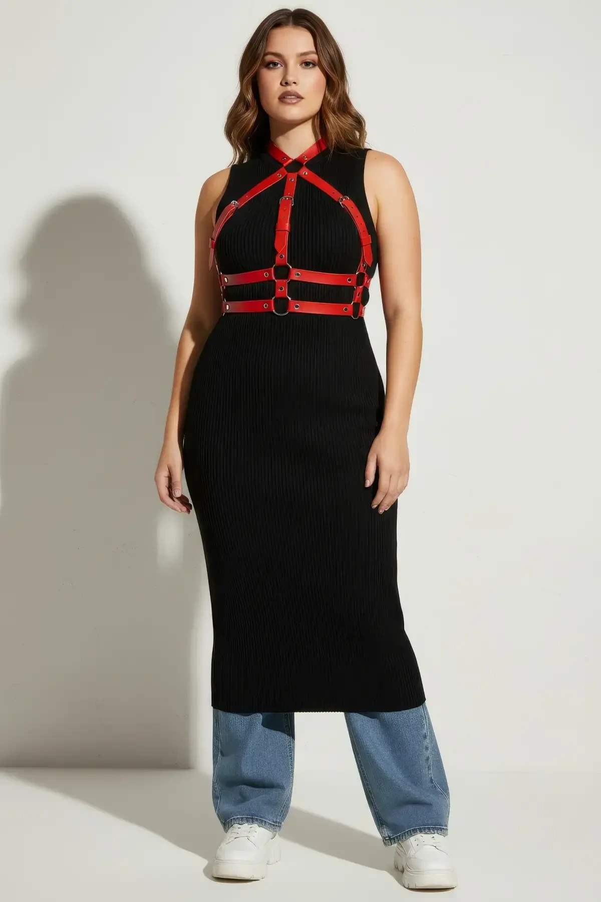 Büyük Beden Kırmızı Kadın Kemer Ayarlanabilir Deri Harness Vücut Aksesuarı - APFT218