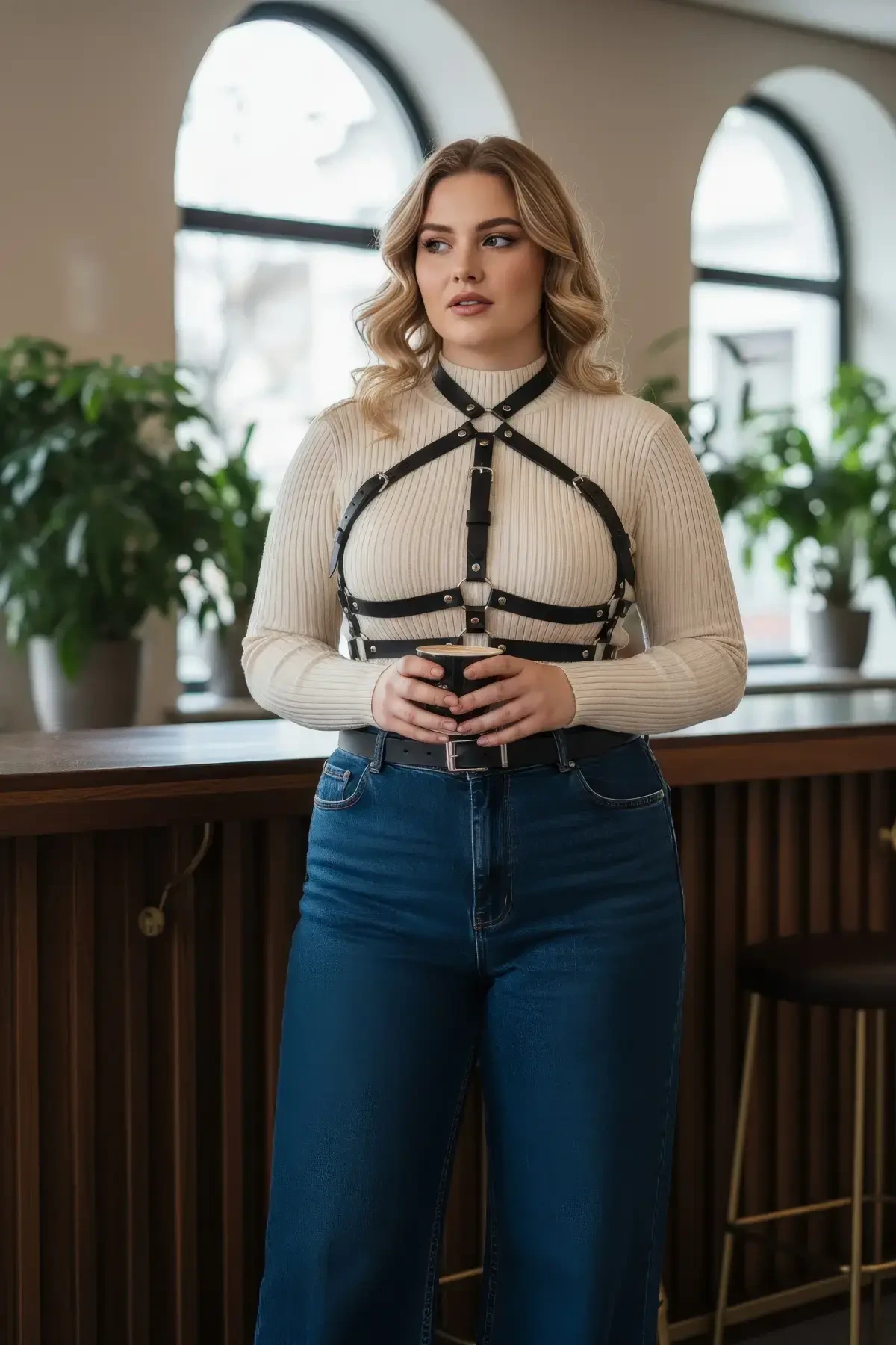 Büyük Beden Siyah Kadın Kemer Ayarlanabilir Deri Harness Vücut Aksesuarı - APFT218