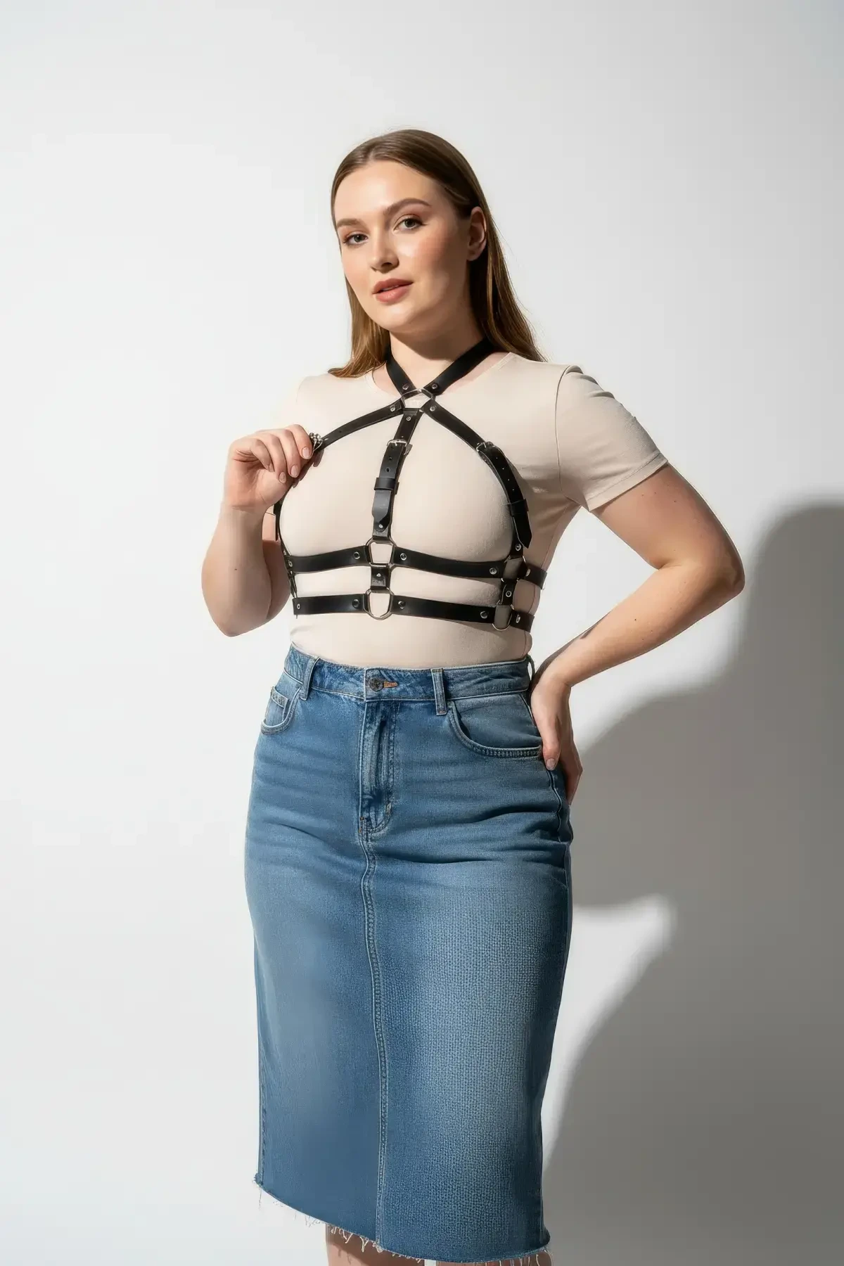 Büyük Beden Siyah Kadın Kemer Ayarlanabilir Deri Harness Vücut Aksesuarı - APFT218
