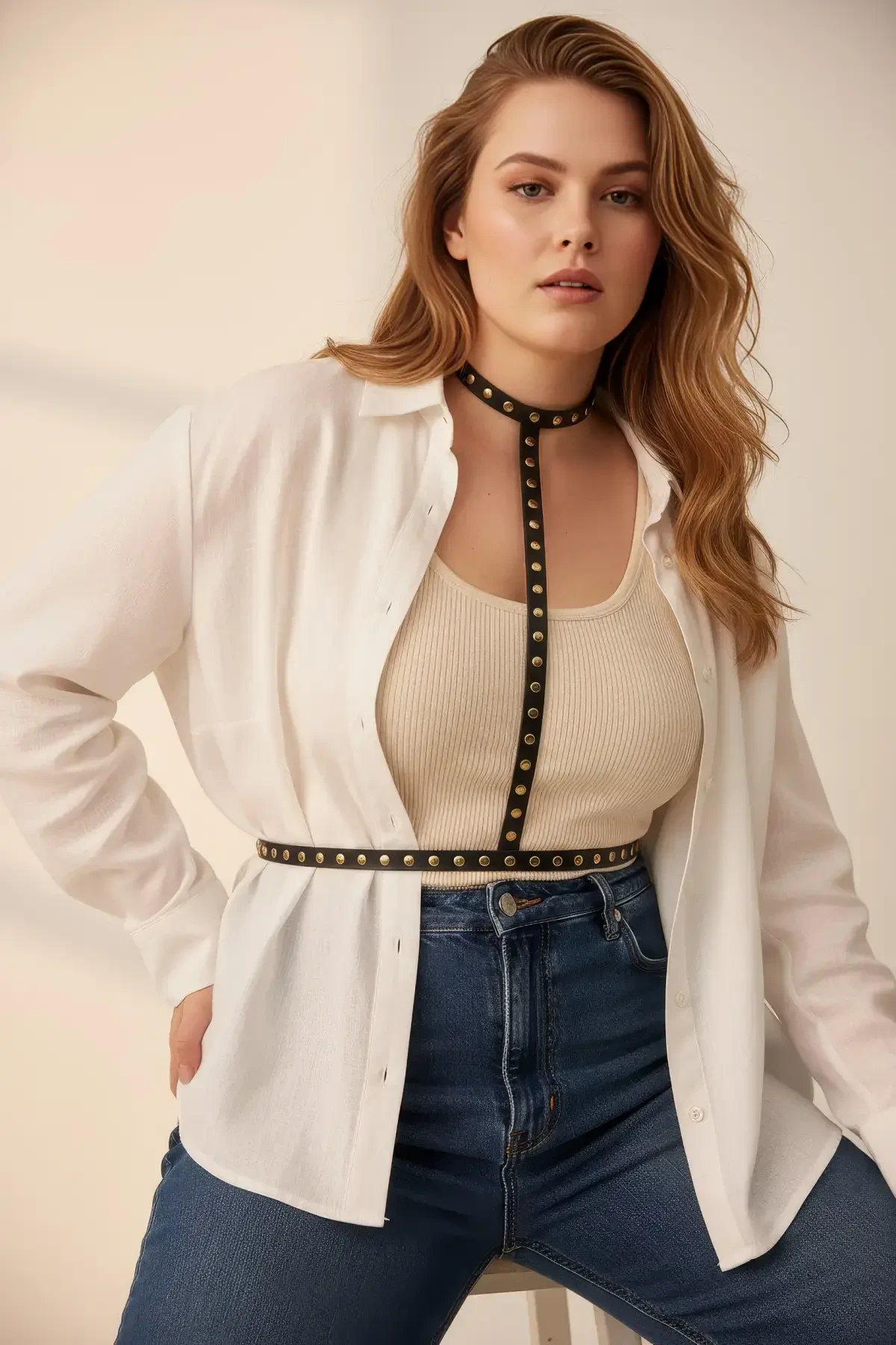 Büyük Beden Siyah Kadın Kemer Zımbalı Deri Harness Vücut Aksesuarı - APFT343