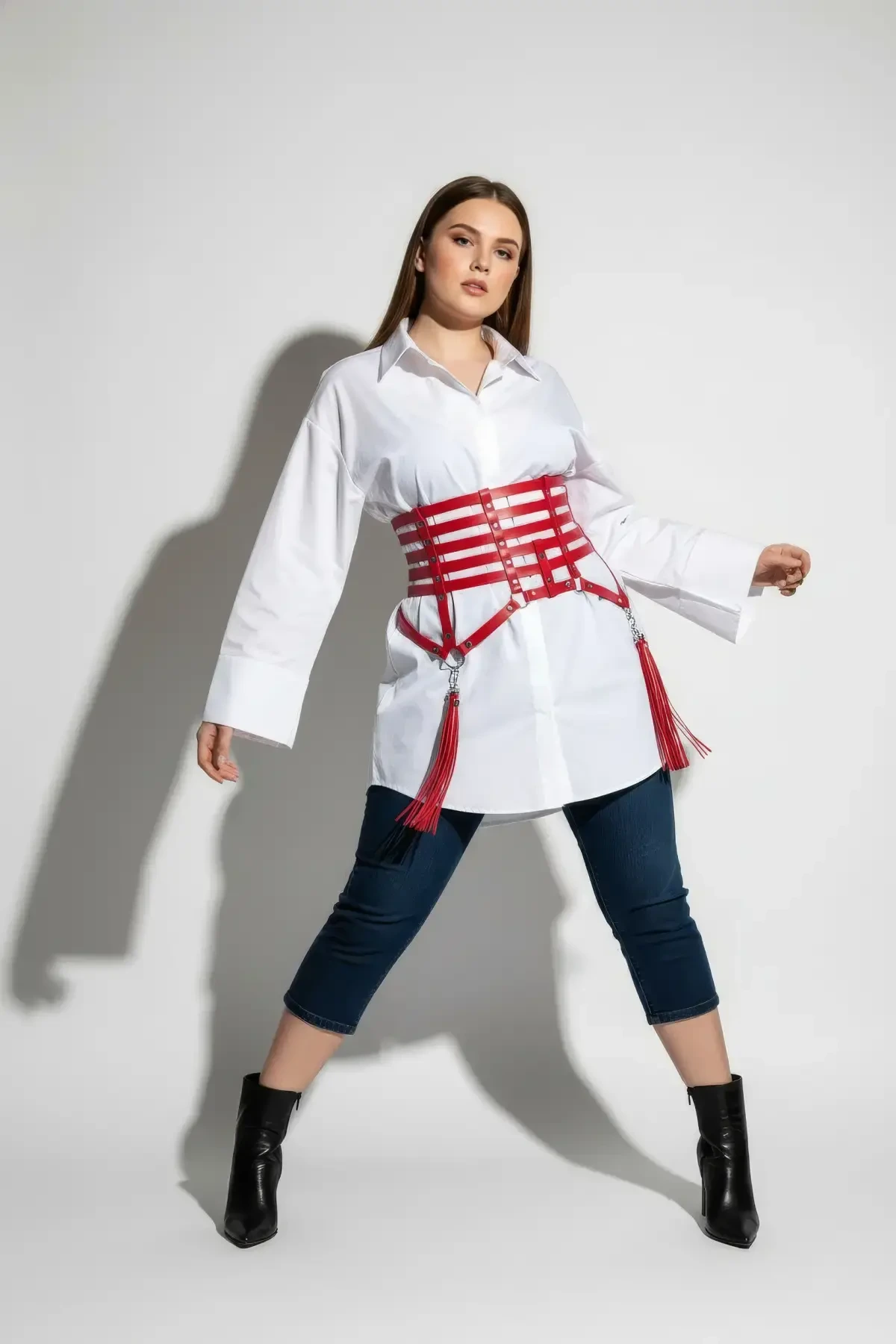 Büyük Beden Kırmızı Kadın Kemer Korse Stil Püskül Detaylı Deri Aksesuar - APFT408