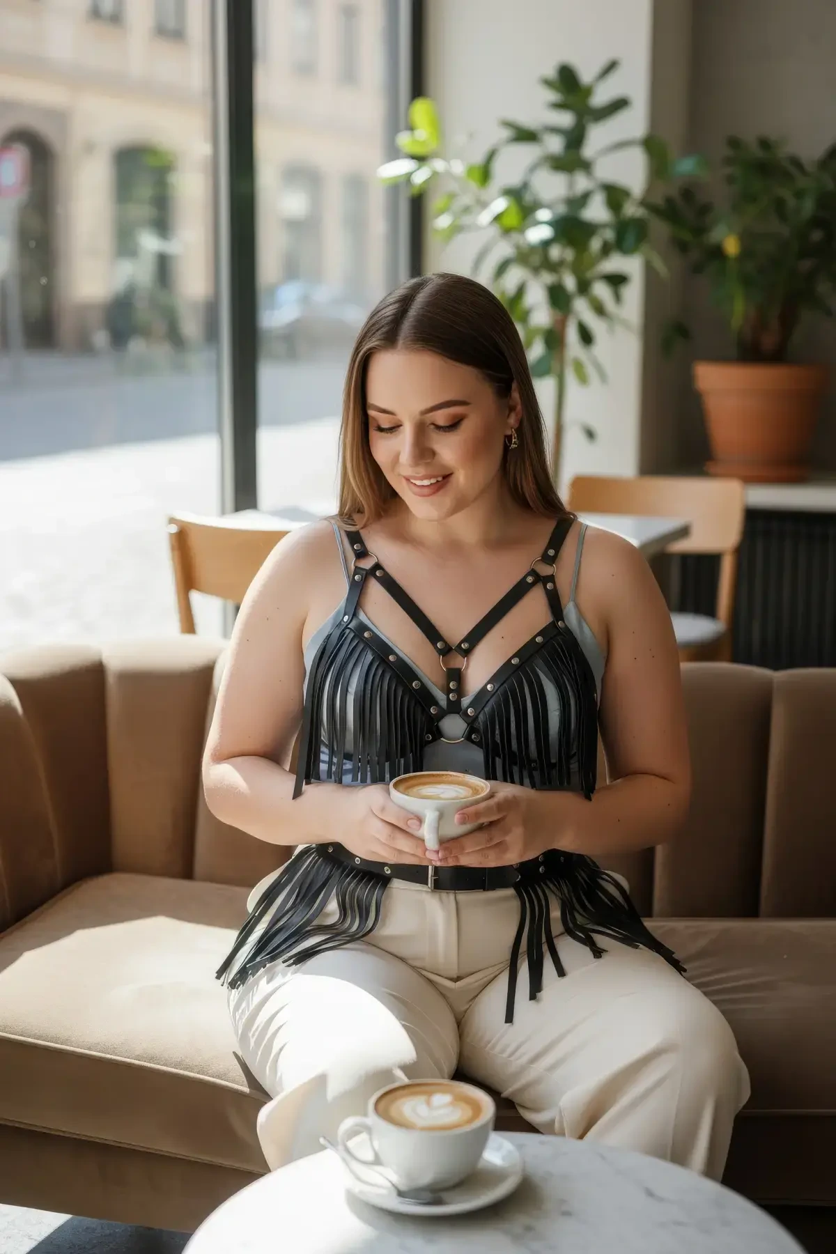 Büyük Beden Siyah Kadın Kemer Püskül Detaylı Deri Kombin Aksesuar - APFT440