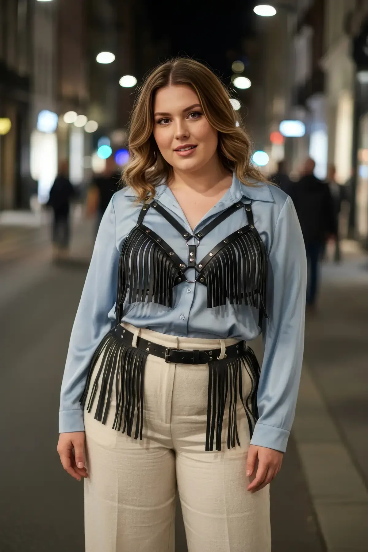 Büyük Beden Siyah Kadın Kemer Püskül Detaylı Deri Kombin Aksesuar - APFT440