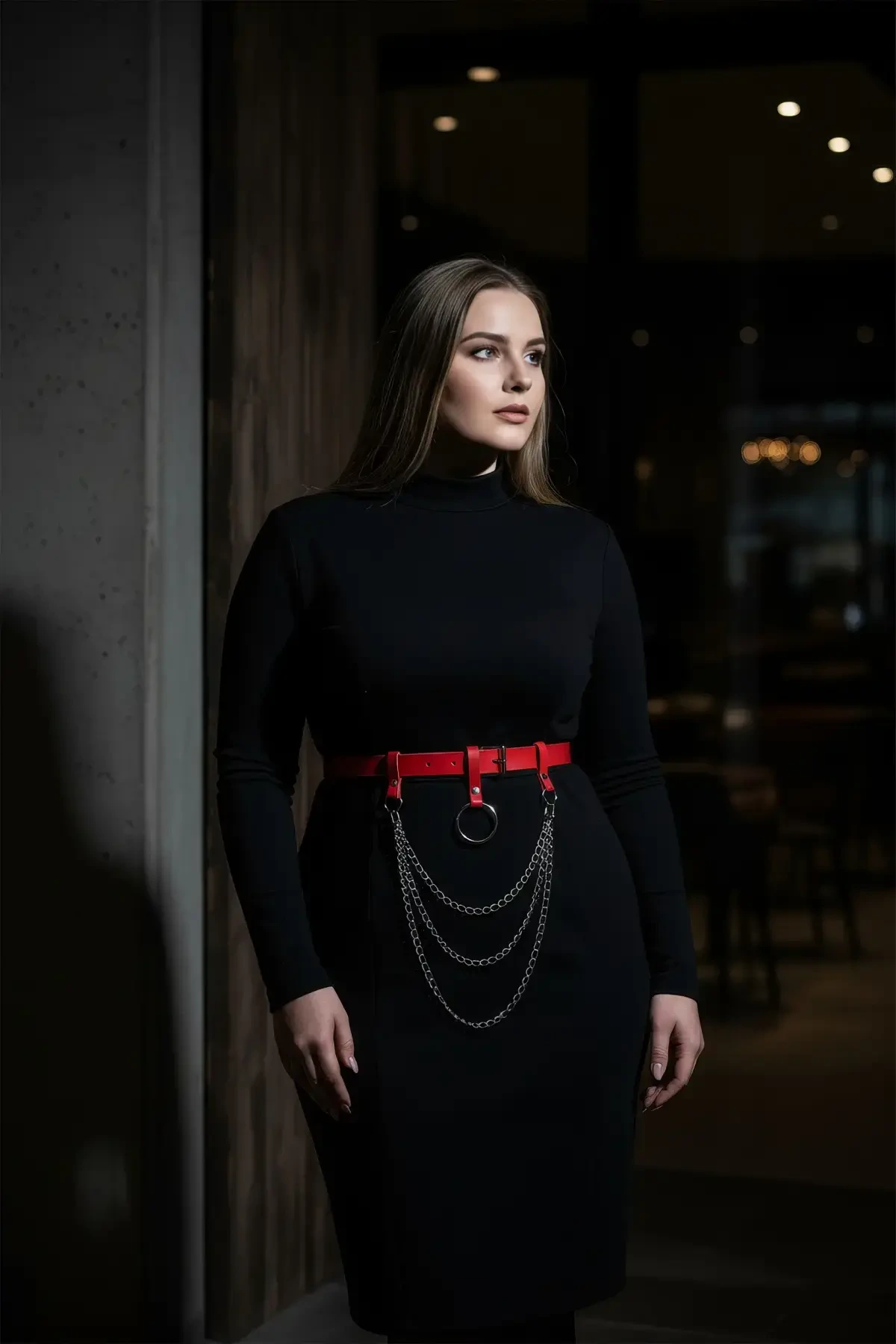 Büyük Beden Kırmızı Kadın Kemer Halka Tokalı Zincir Detaylı Deri Aksesuar - APFT484