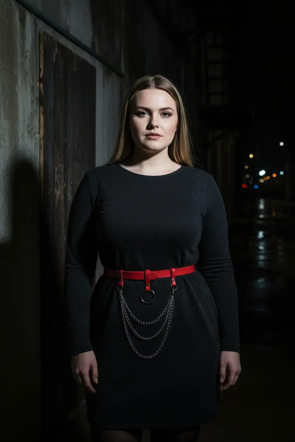 Büyük Beden Kırmızı Kadın Kemer Halka Tokalı Zincir Detaylı Deri Aksesuar - APFT484