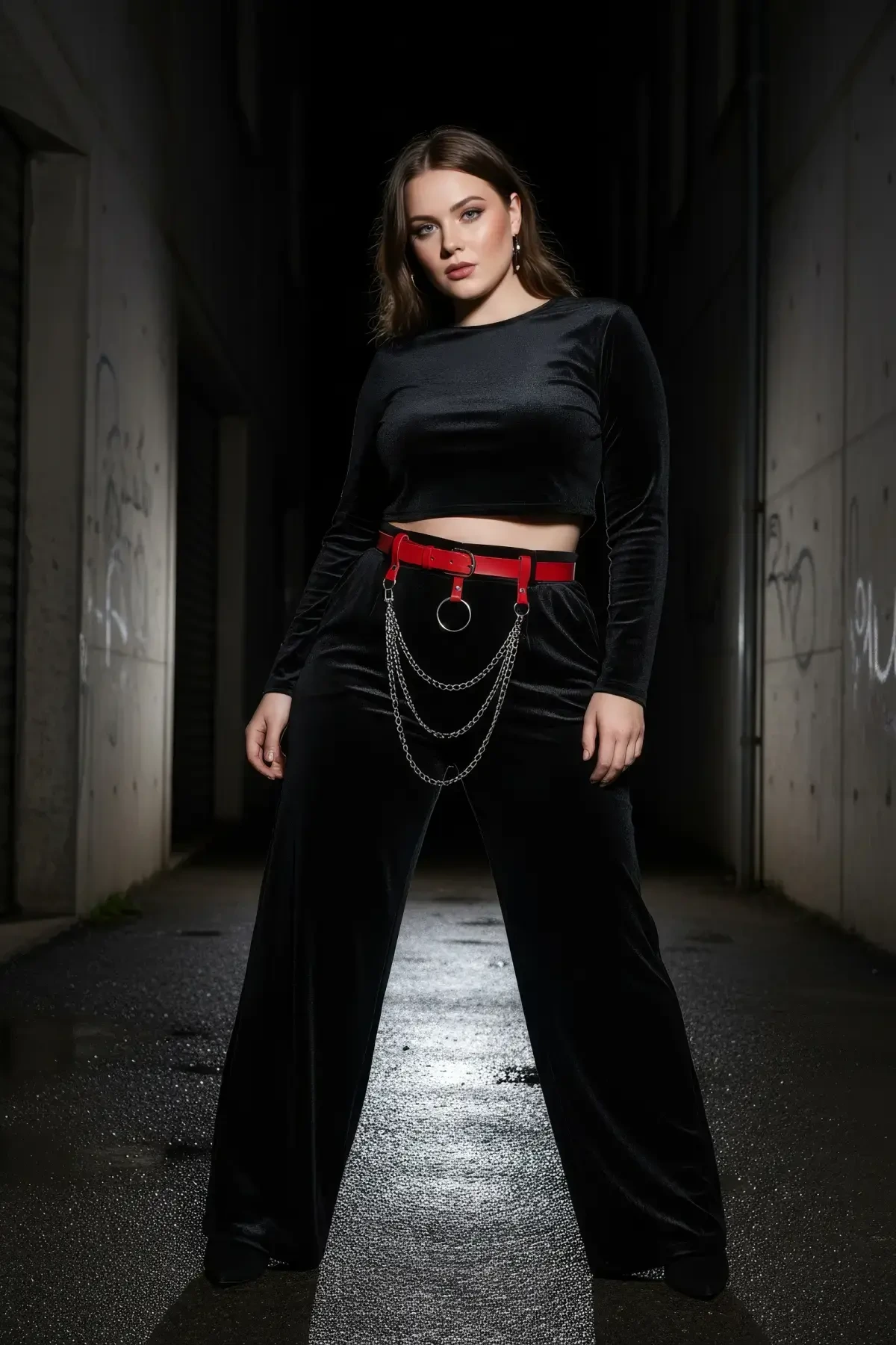 Büyük Beden Kırmızı Kadın Kemer Halka Tokalı Zincir Detaylı Deri Aksesuar - APFT484