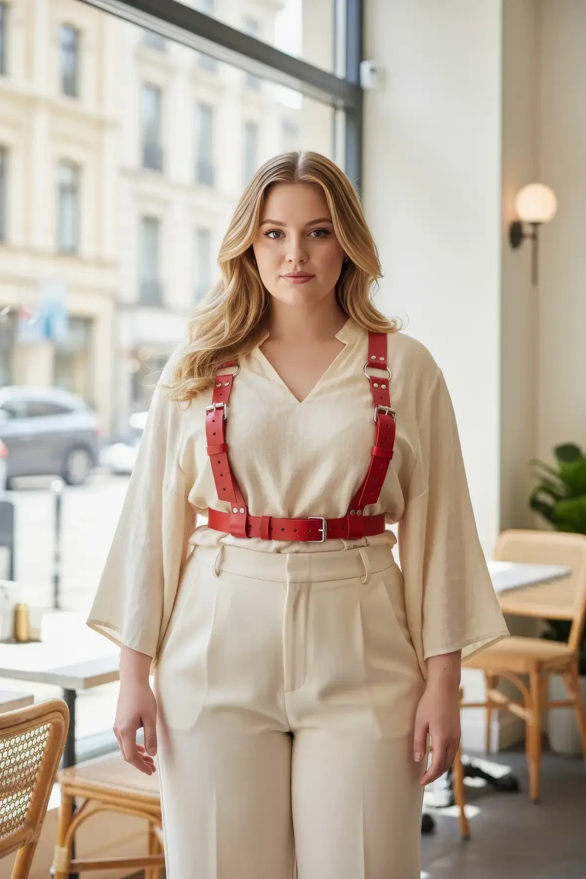 Büyük Beden Kırmızı Kadın Kemer, Kalın Deri Harness Vücut Aksesuarı - APFT529