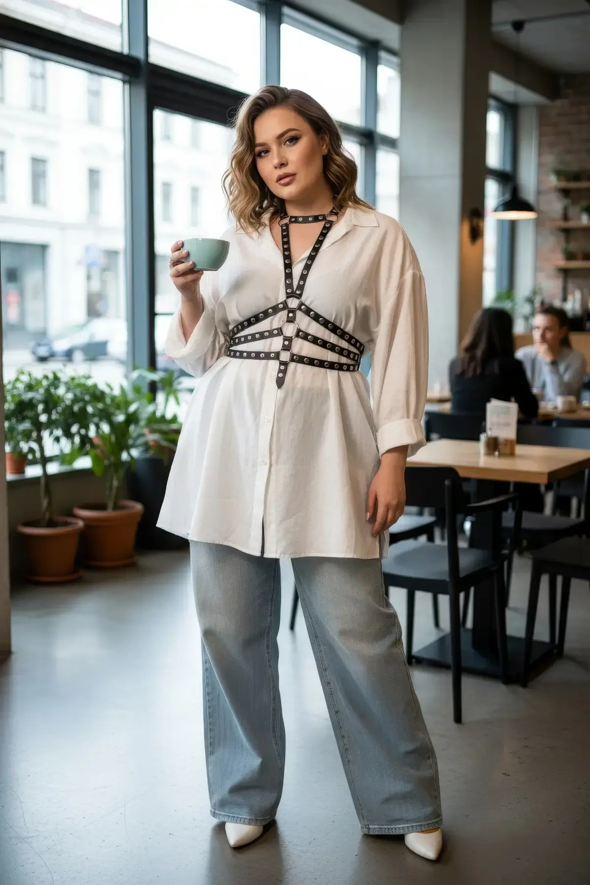 Büyük Beden Siyah Kadın Kemer, Perçinli Deri Harness Vücut Aksesuarı - APFT546