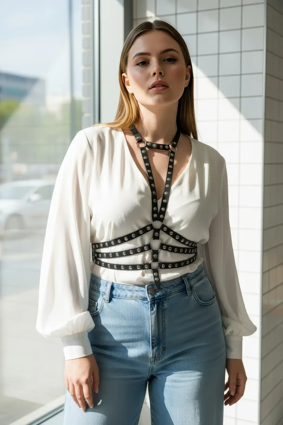 Büyük Beden Siyah Kadın Kemer, Perçinli Deri Harness Vücut Aksesuarı - APFT546