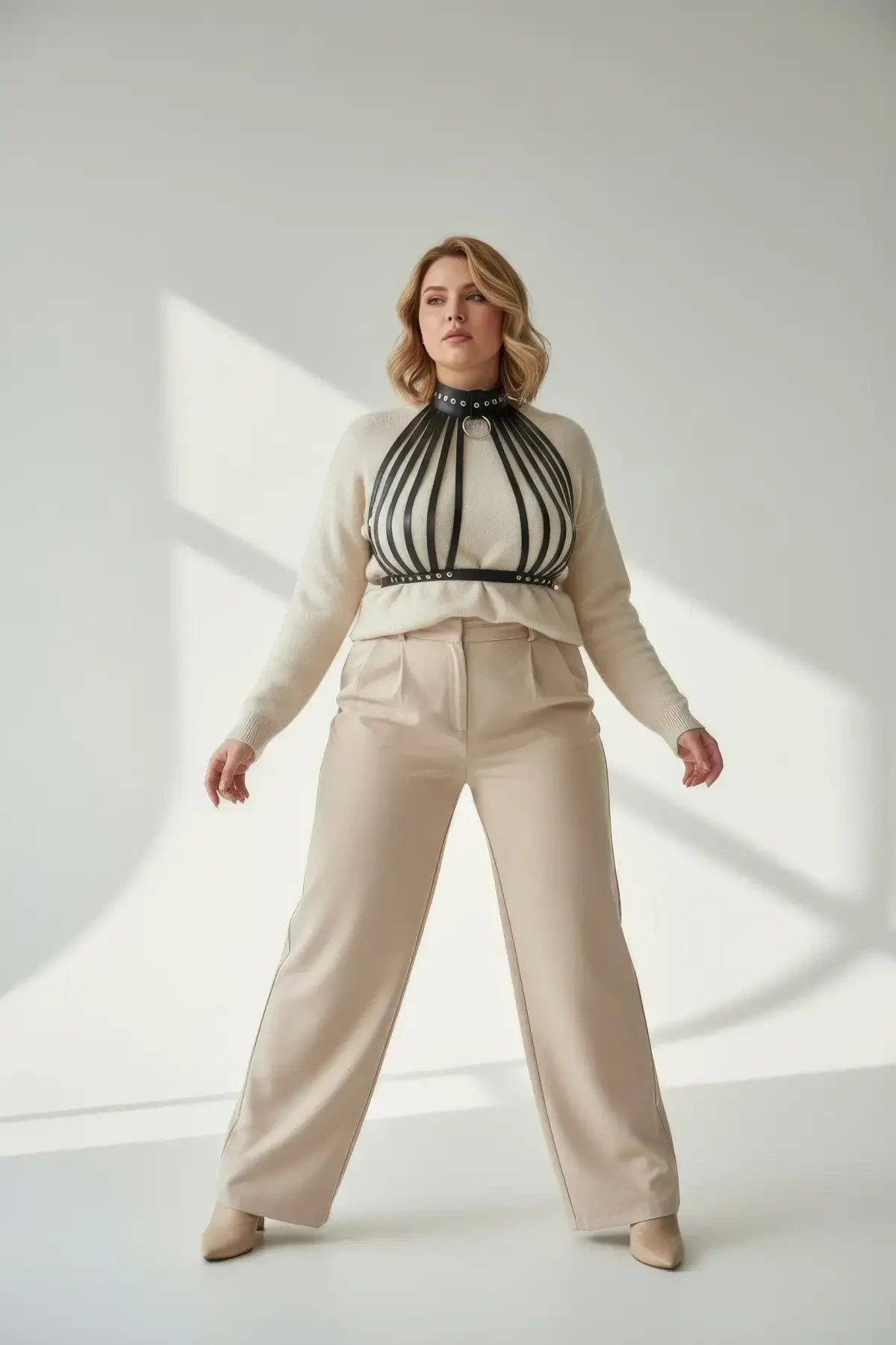 Büyük Beden Siyah Kadın Kemer Vücut Kuşağı Tarzı Halka Detaylı Deri Aksesuar - APFT551