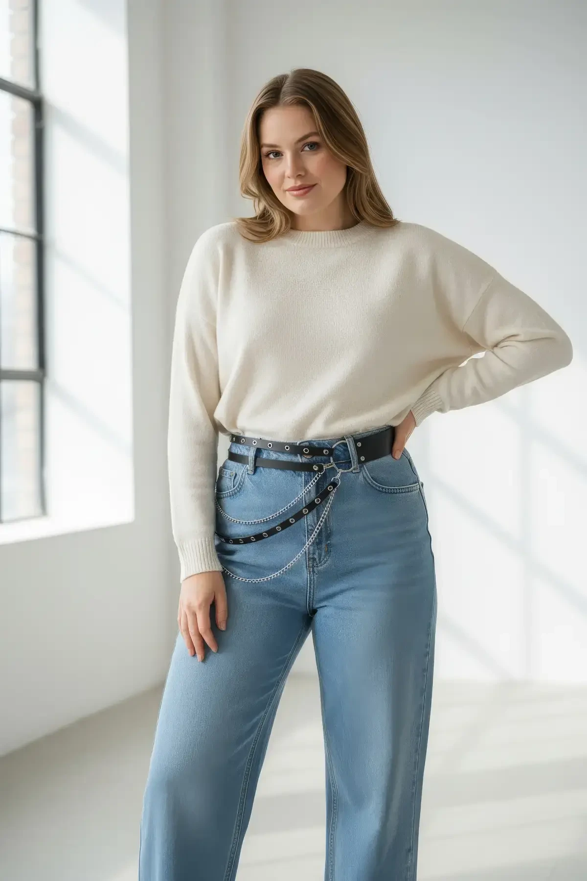 Büyük Beden Siyah Kadın Kemer Zincir Detaylı Çift Sıra Halkalı Kombin Kemeri - APFT586