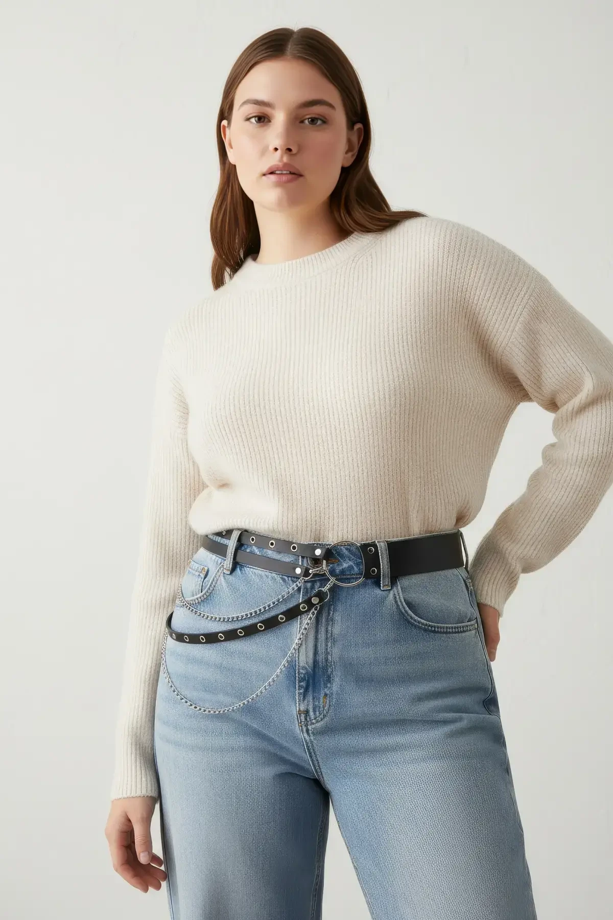 Büyük Beden Siyah Kadın Kemer Zincir Detaylı Çift Sıra Halkalı Kombin Kemeri - APFT586