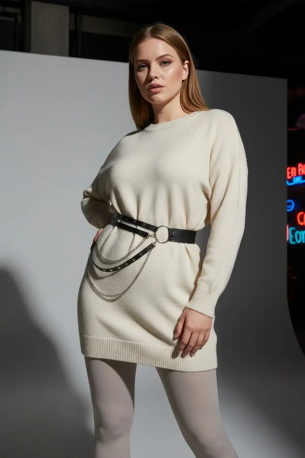 Büyük Beden Siyah Kadın Kemer Zincir Detaylı Çift Sıra Halkalı Kombin Kemeri - APFT586