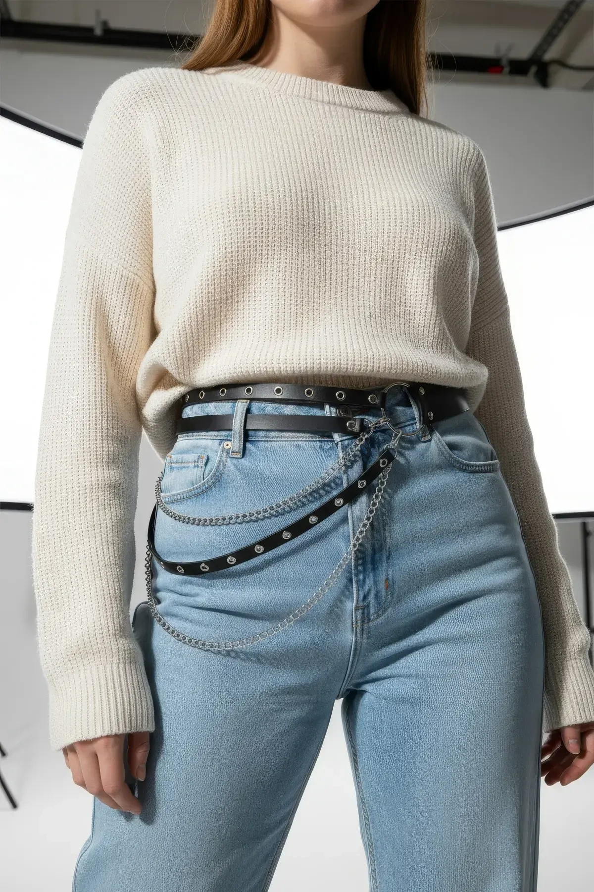 Büyük Beden Siyah Kadın Kemer Zincir Detaylı Çift Sıra Halkalı Kombin Kemeri - APFT586