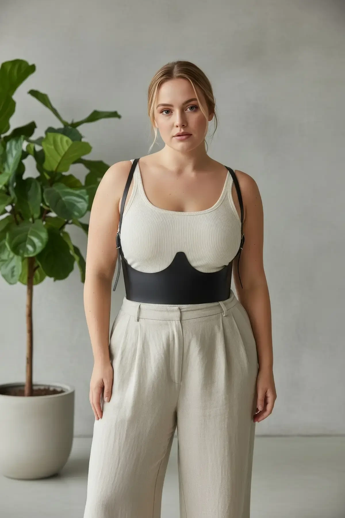 Büyük Beden Siyah Kadın Kemer Omuz Askılı Deri Korse Tasarım - APFT614