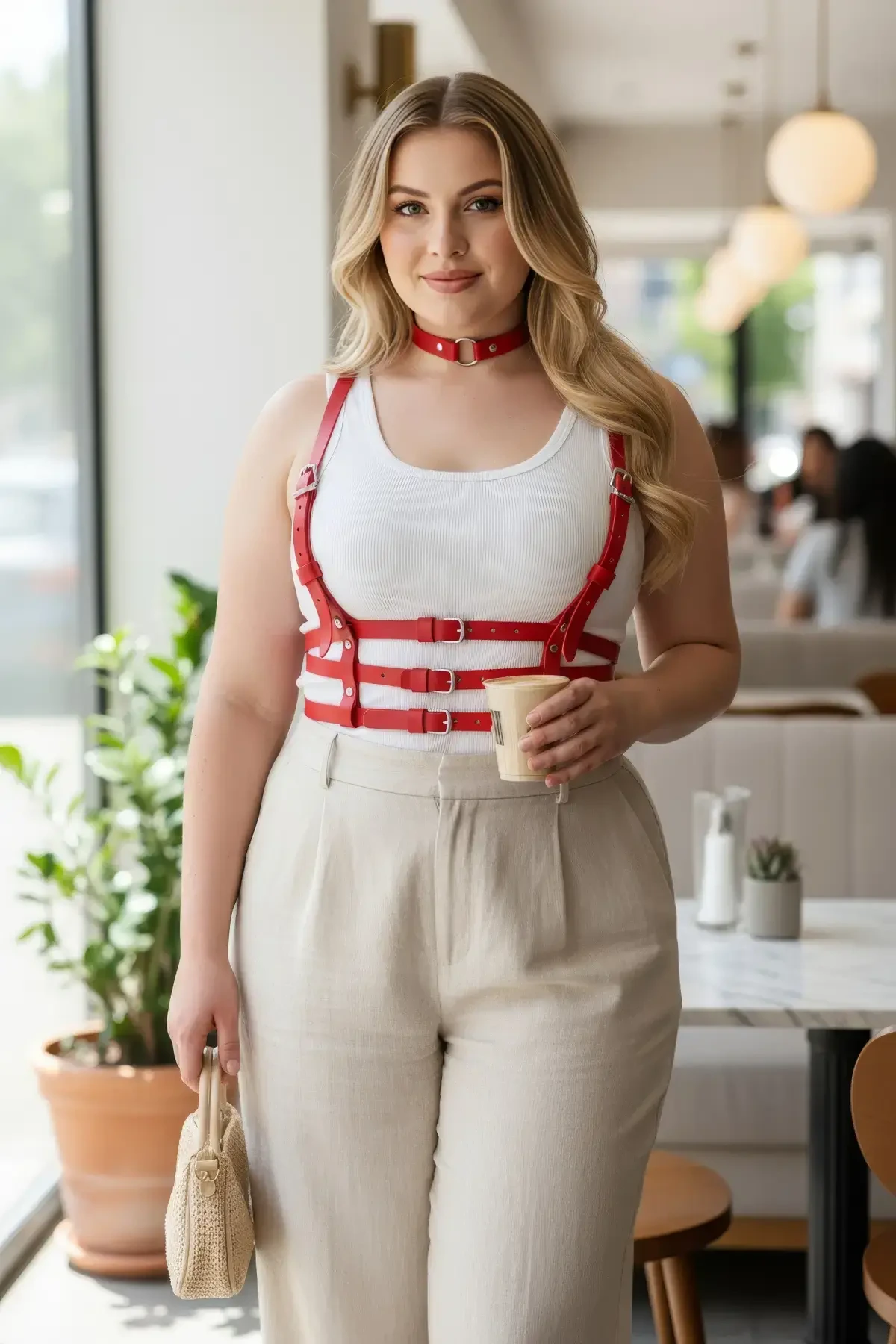 Büyük Beden Kırmızı Kadın Kemer Deri Harness Korse Görünümlü Vücut Aksesuarı - APFT615