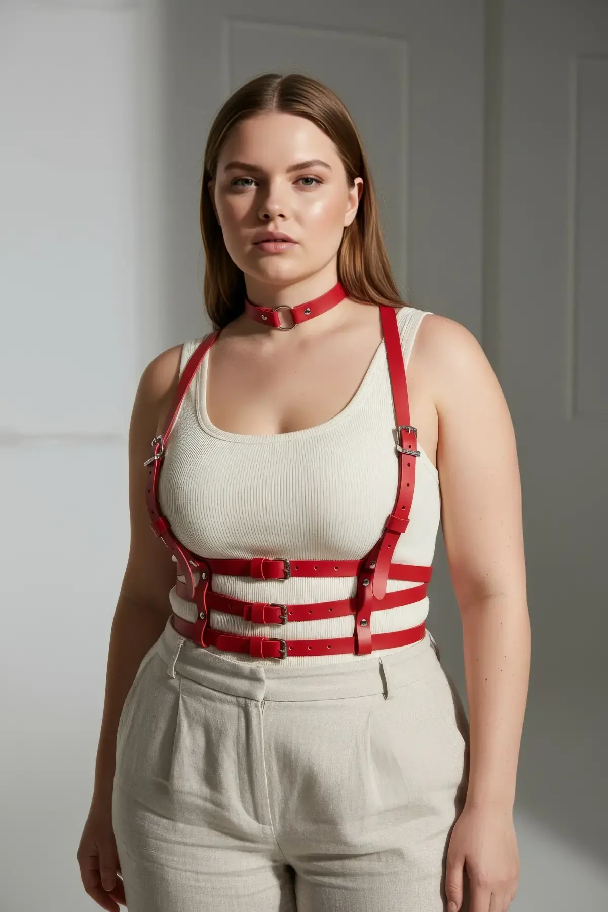 Büyük Beden Kırmızı Kadın Kemer Deri Harness Korse Görünümlü Vücut Aksesuarı - APFT615